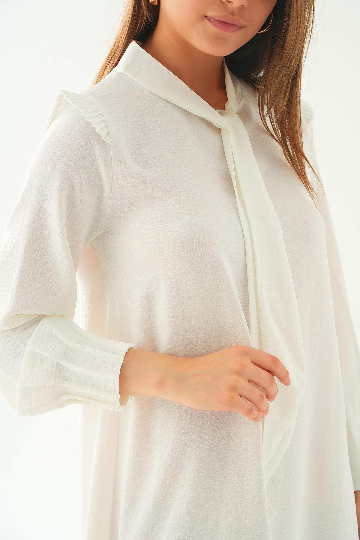 Ekru Omuz Fırfırlı Fiyonklu Tunik 6796A - 6