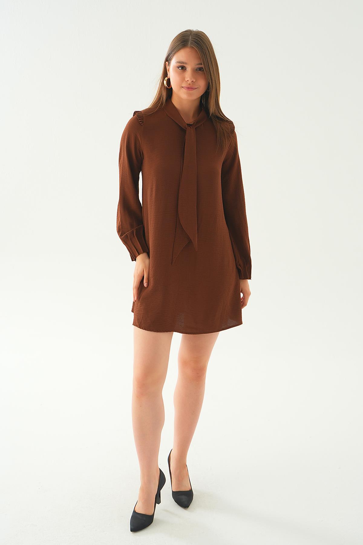 Kahve Omuz Fırfırlı Fiyonklu Tunik 6796A - 3