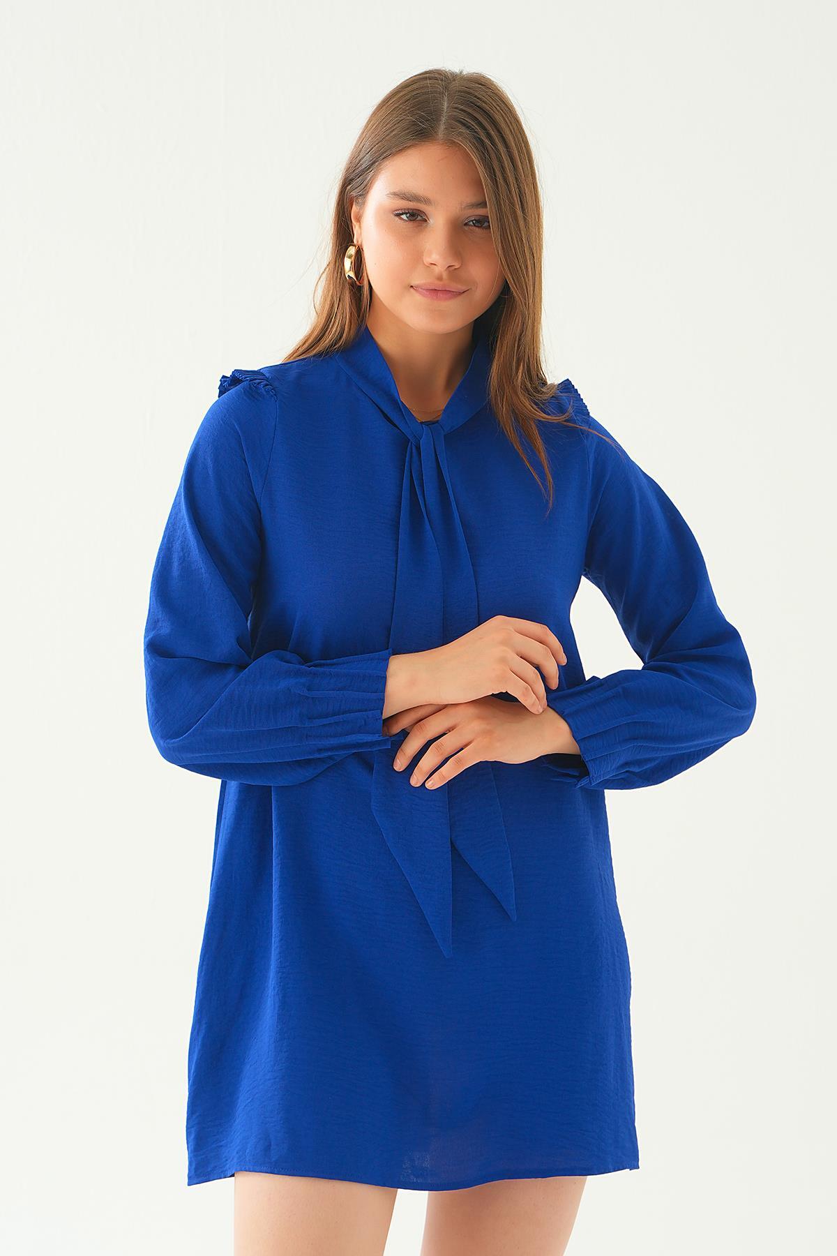 6796A Omuz Fırfırlı Fiyonklu Tunik Saks - 3