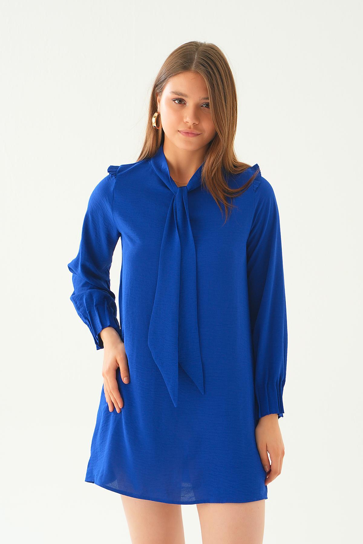 Saks Omuz Fırfırlı Fiyonklu Tunik 6796A 