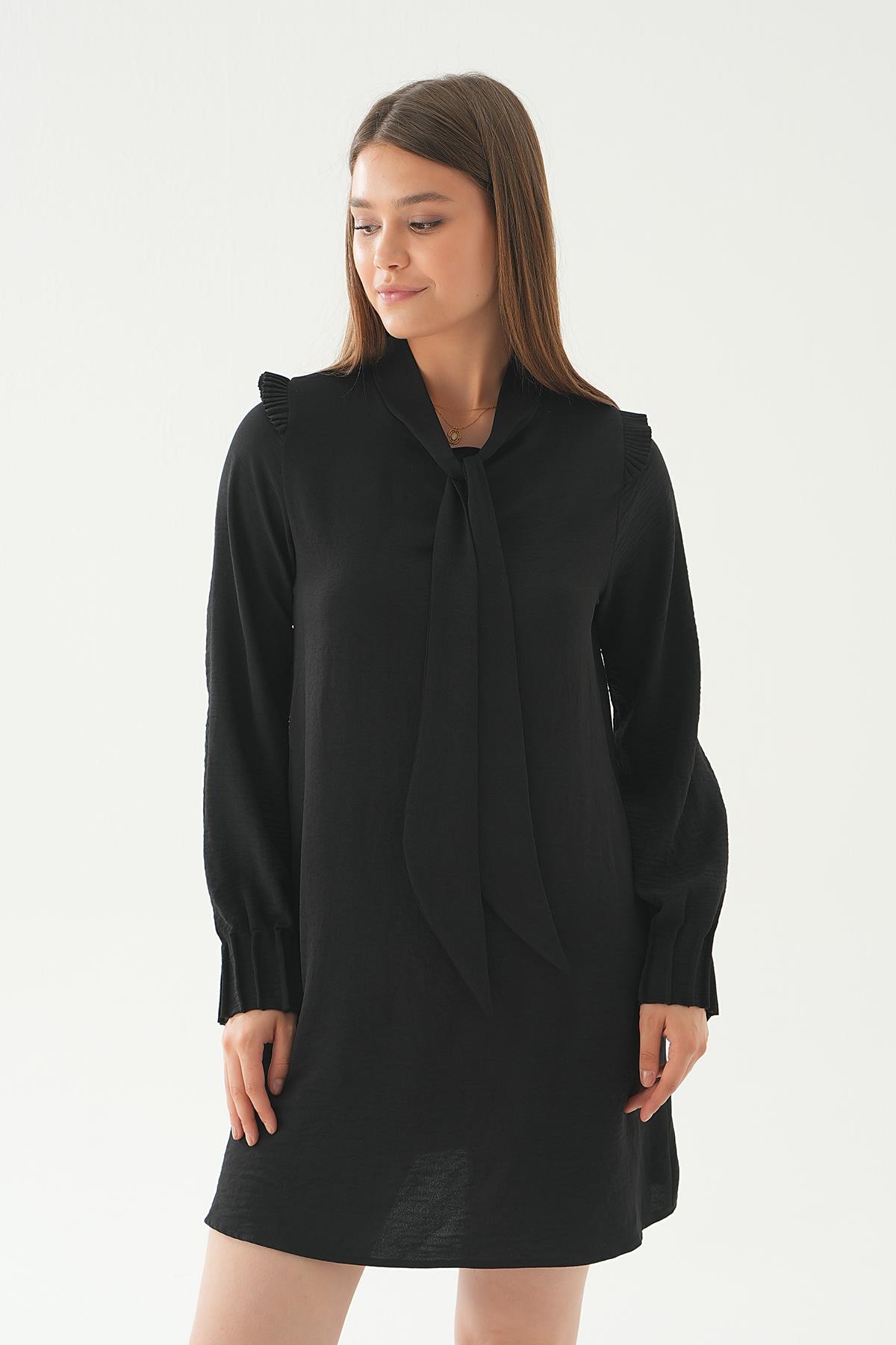 6796A Omuz Fırfırlı Fiyonklu Tunik Siyah - 3