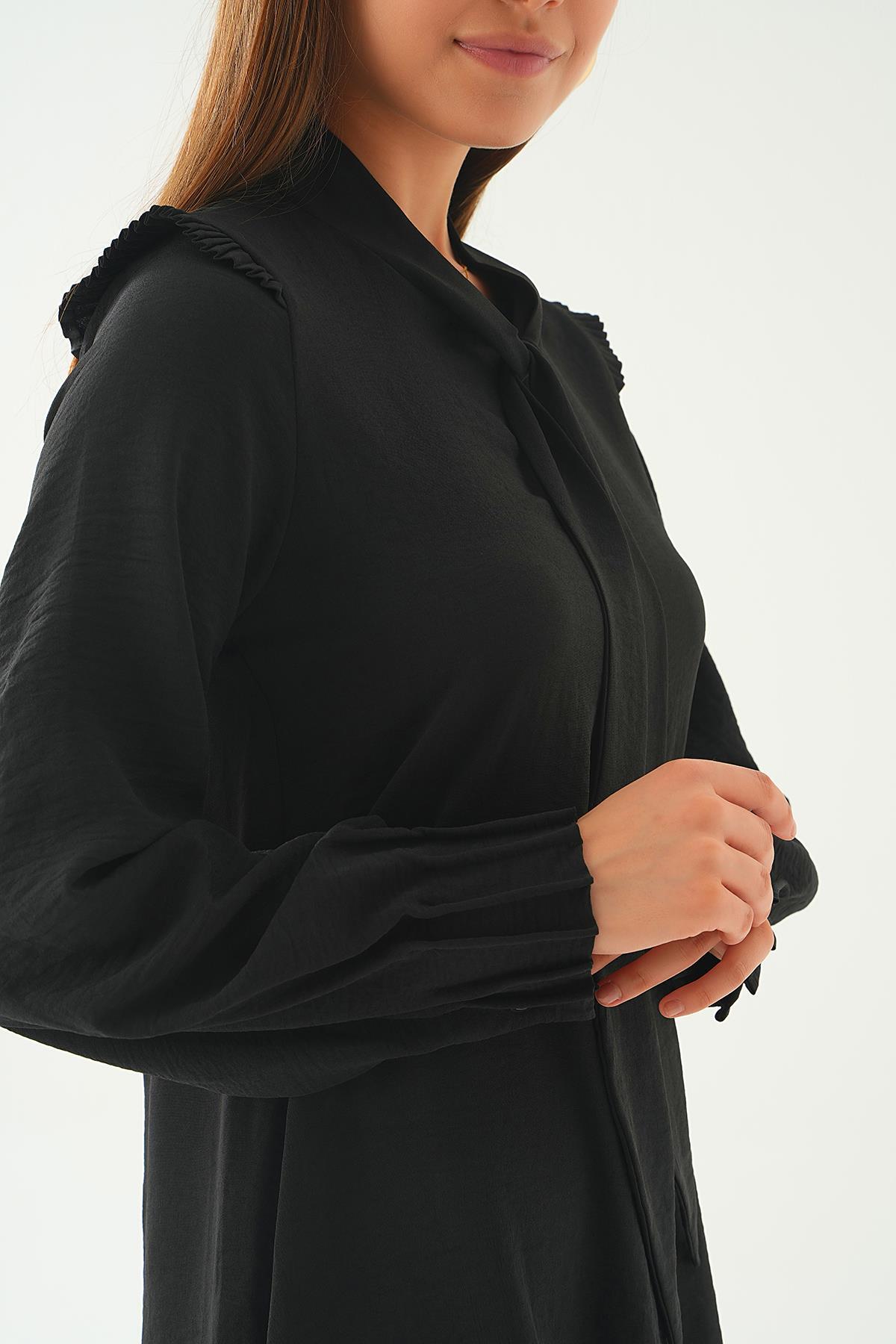 Siyah Omuz Fırfırlı Fiyonklu Tunik 6796A - 6