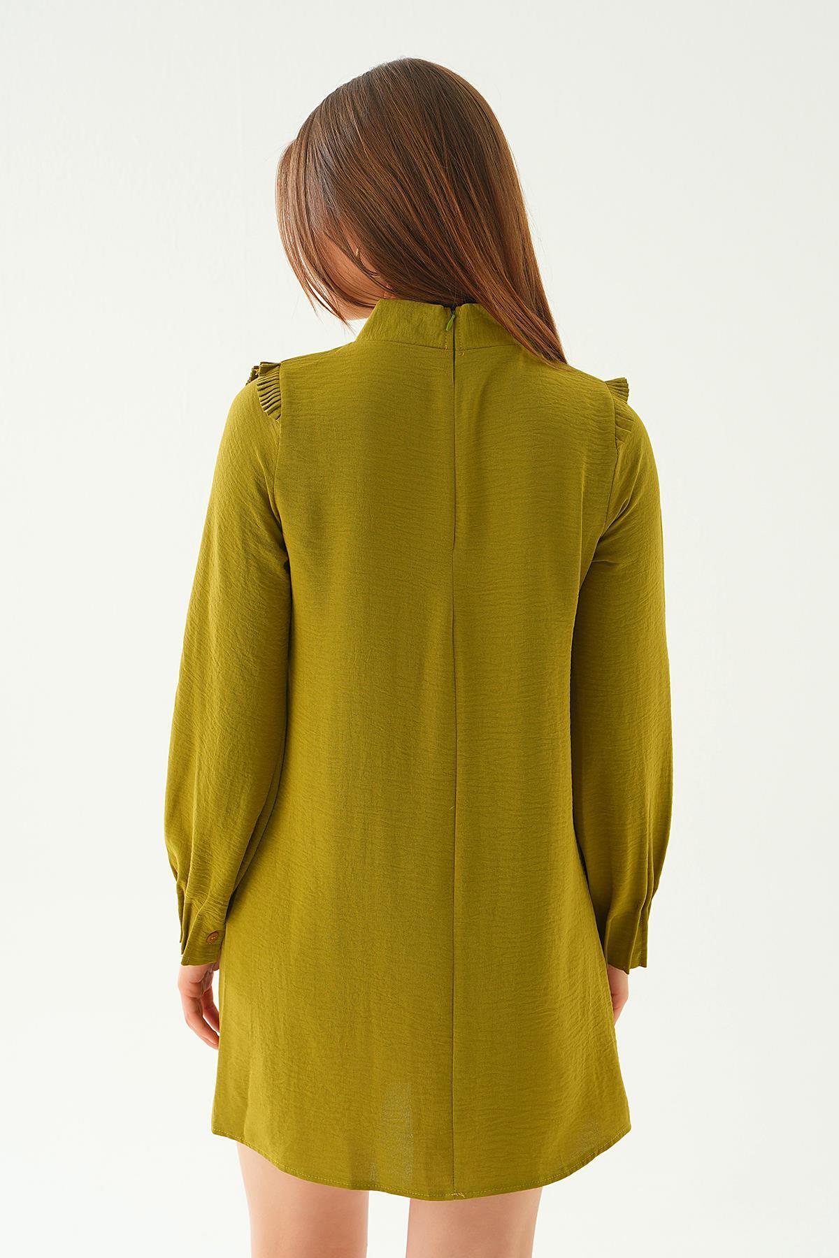 6796A Omuz Fırfırlı Fiyonklu Tunik Yağ Yeşili - 5