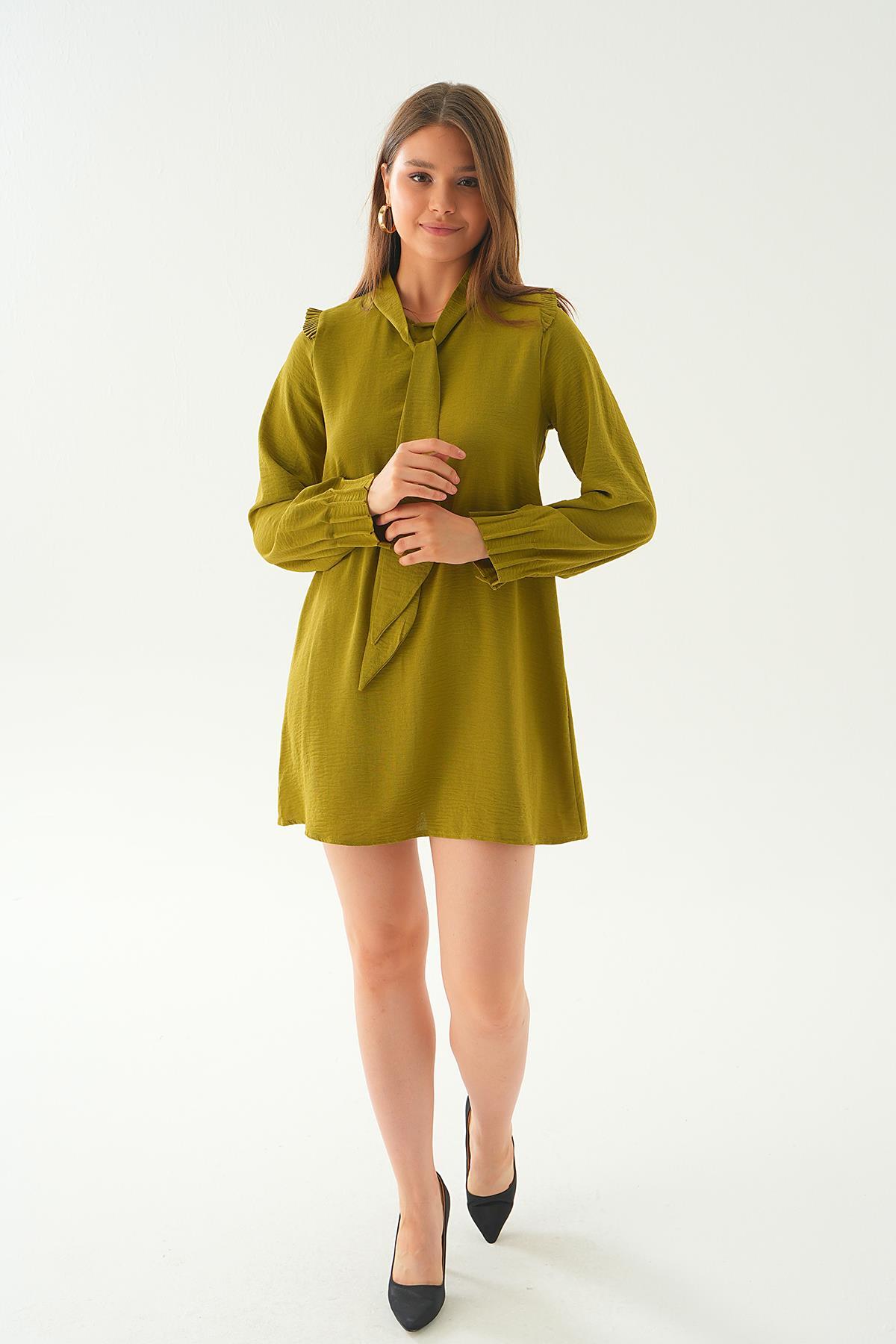 Yağ Yeşili Omuz Fırfırlı Fiyonklu Tunik 6796A - 2