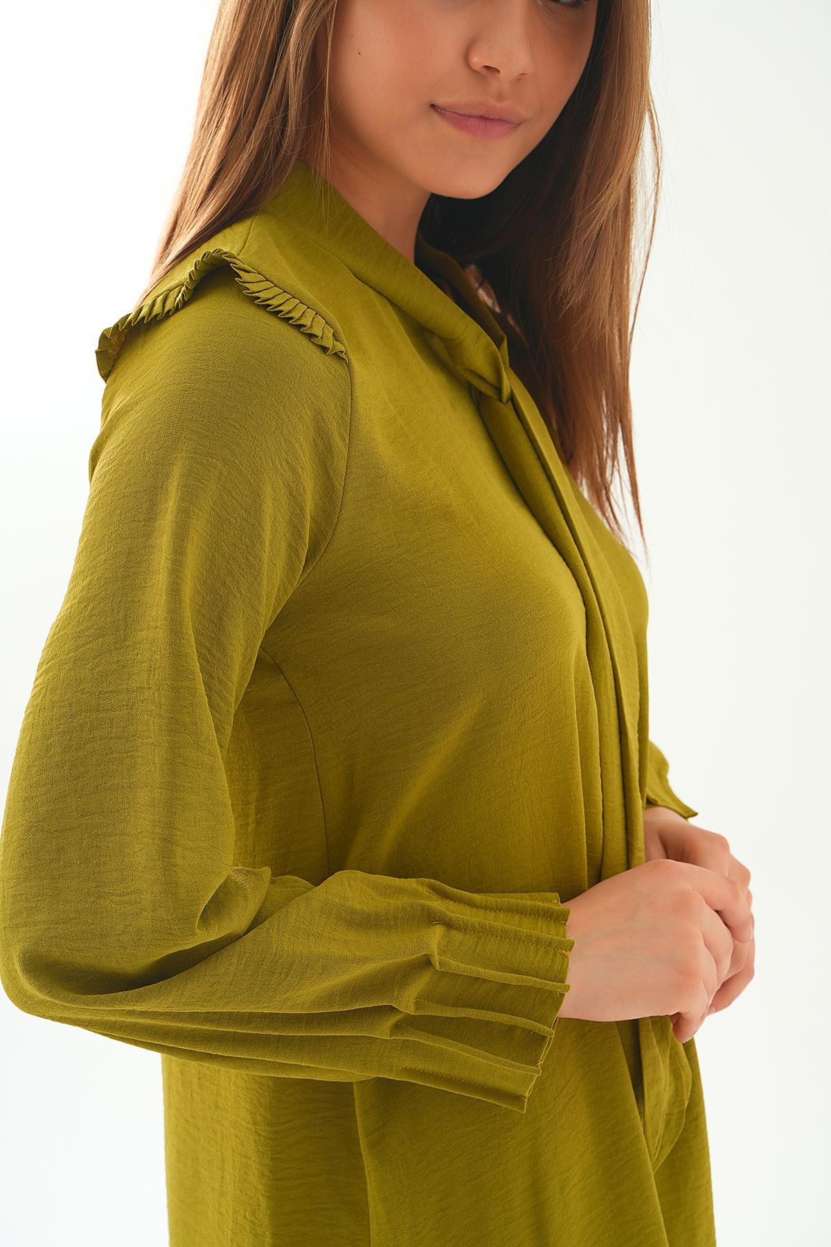 Yağ Yeşili Omuz Fırfırlı Fiyonklu Tunik 6796A - 6