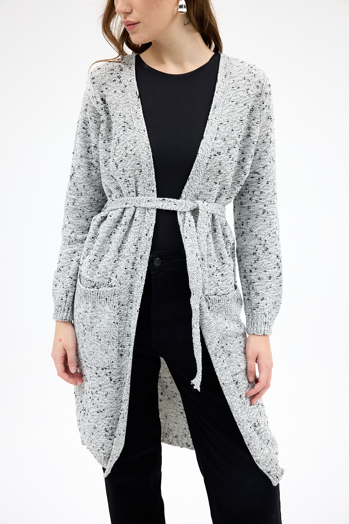 Gri Kadın Kuşaklı Uzun Hırka 6800 - 3