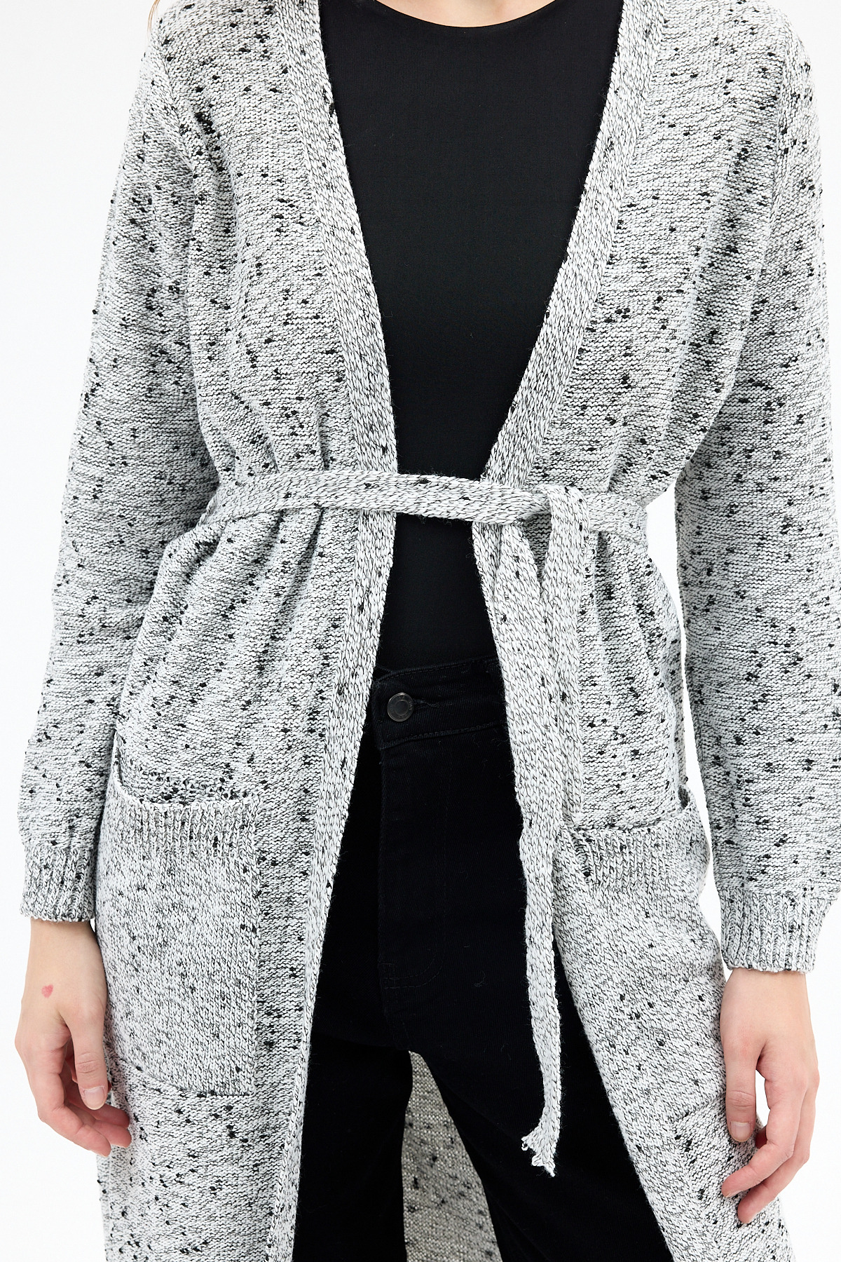 Gri Kadın Kuşaklı Uzun Hırka 6800 - 4