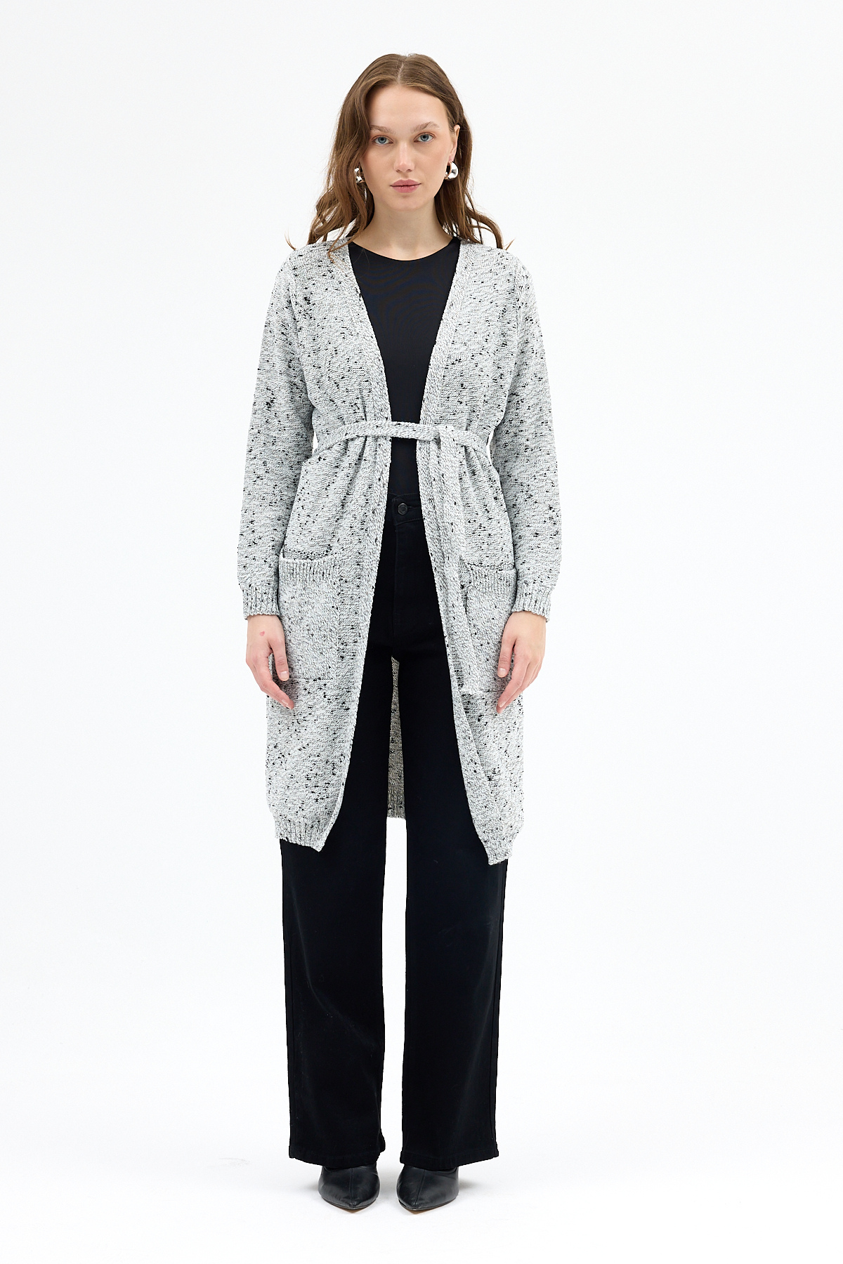 Gri Kadın Kuşaklı Uzun Hırka 6800 - 7