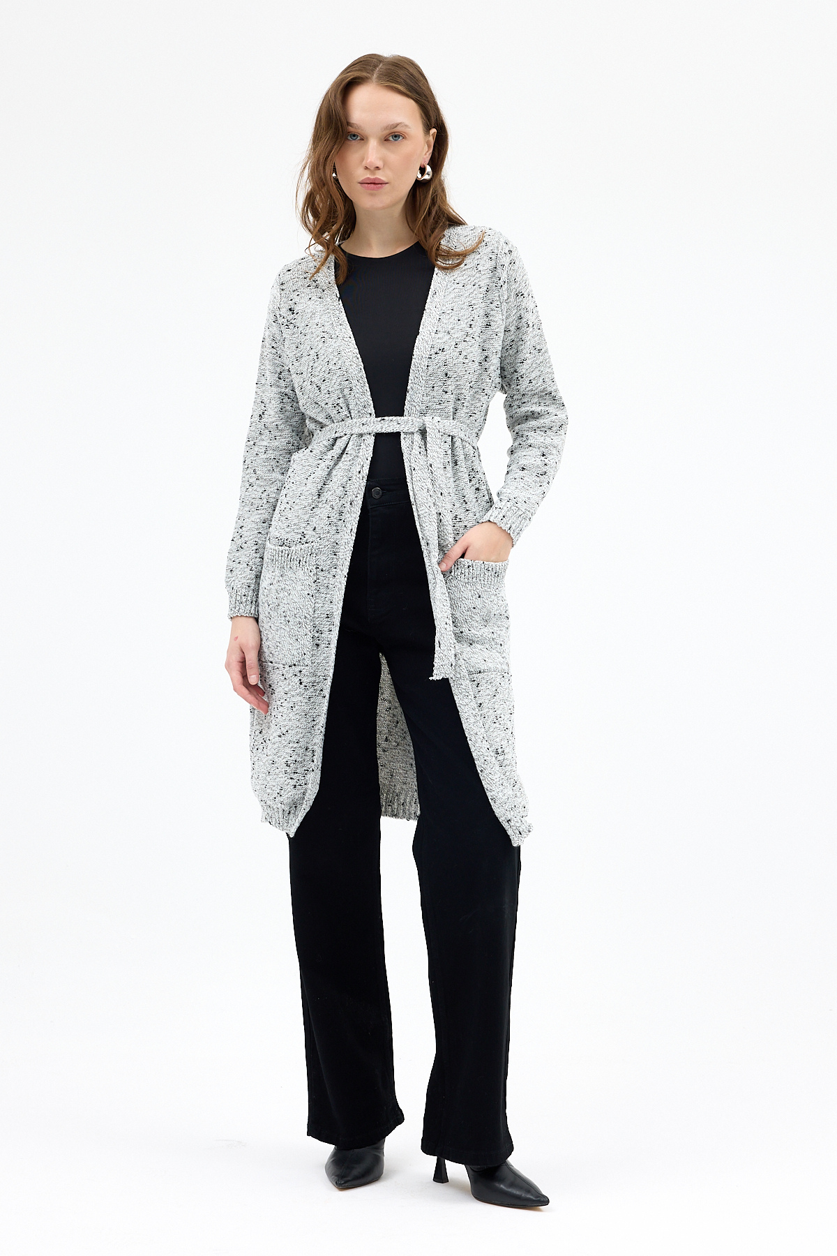 Gri Kadın Kuşaklı Uzun Hırka 6800 - 1