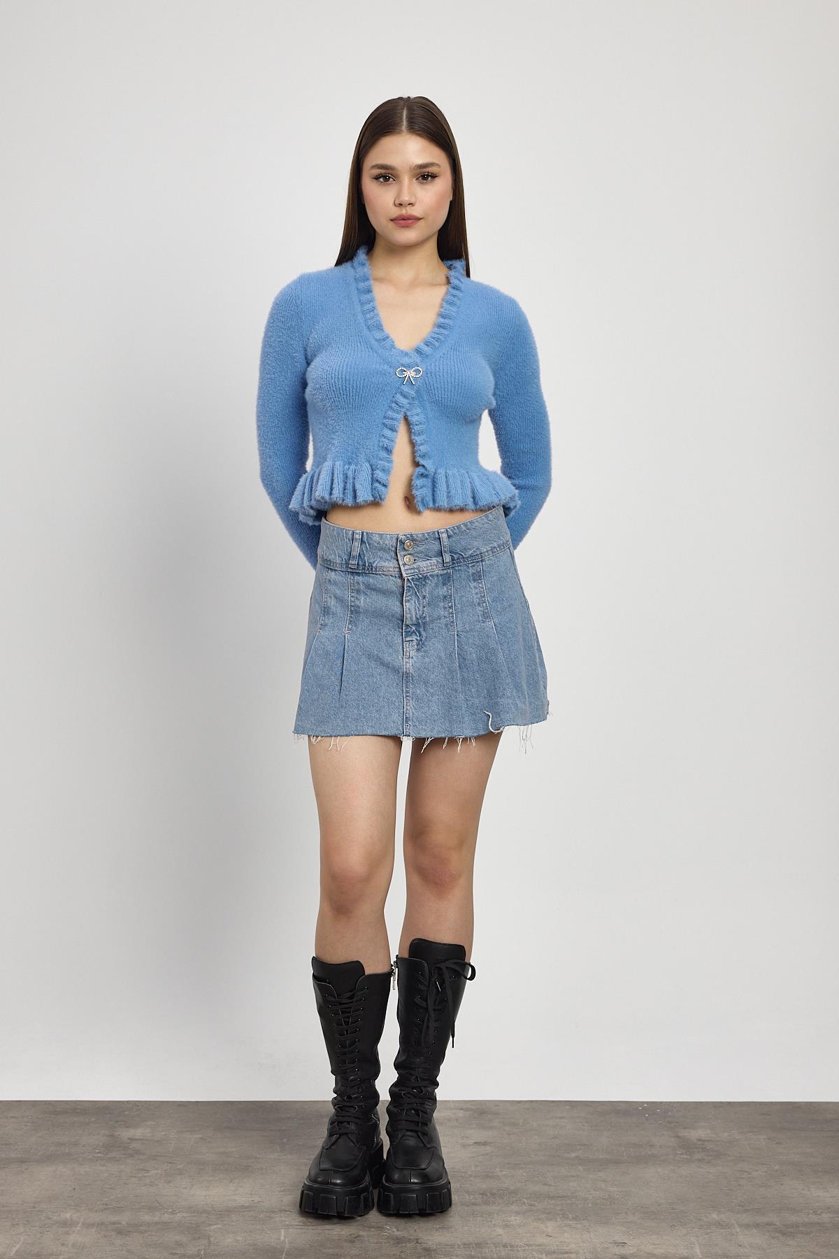 6801 Etek Fırfır Detay Kısa Hırka Mavi - 1