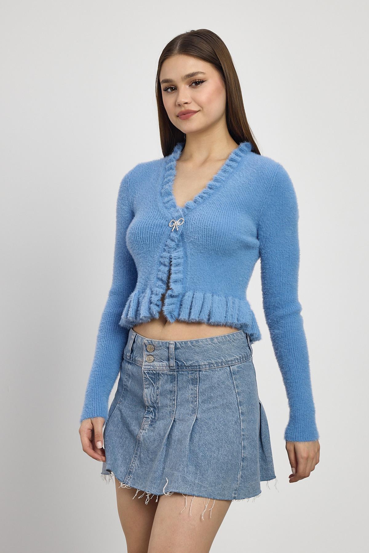 6801 Etek Fırfır Detay Kısa Hırka Mavi - 3