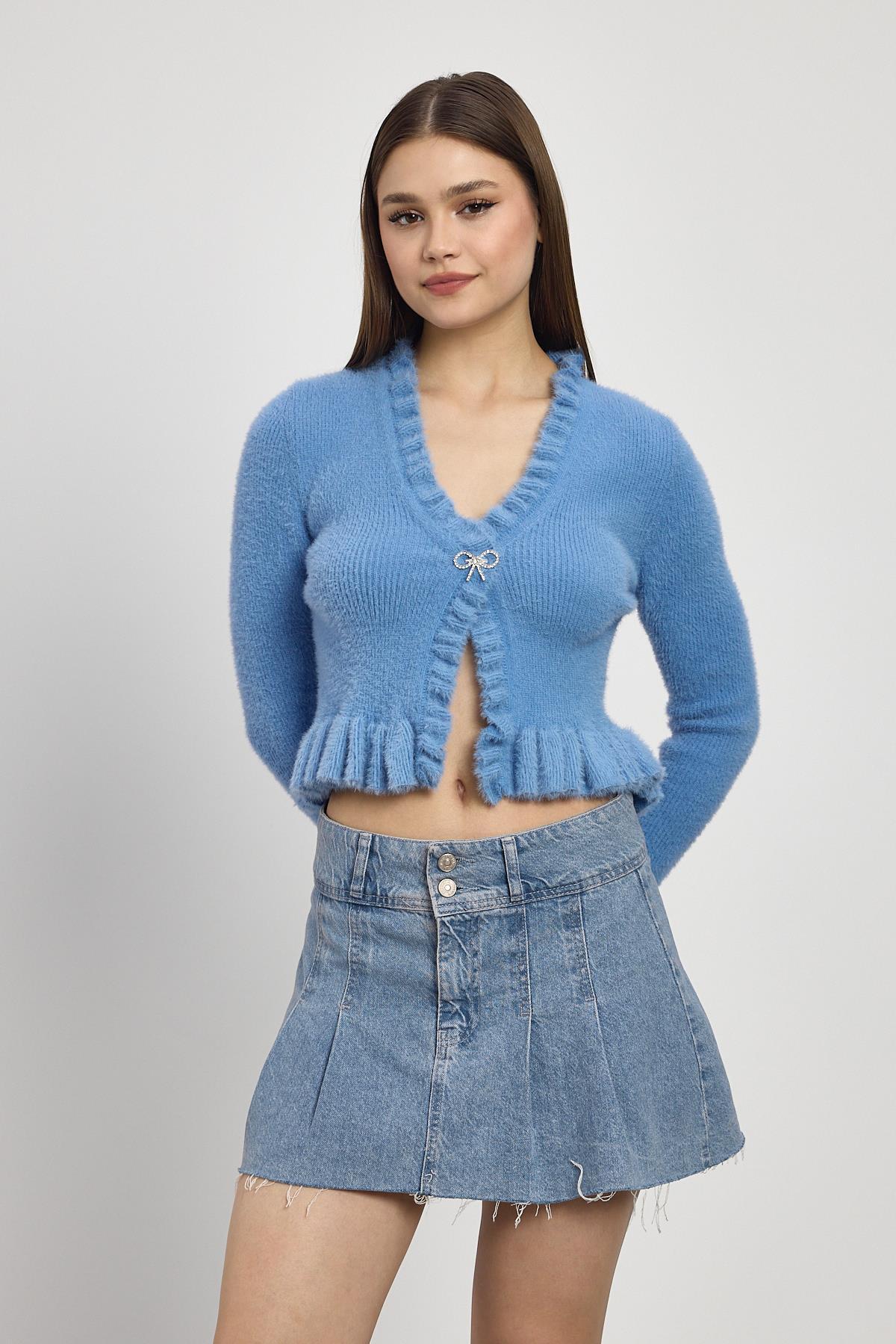 6801 Etek Fırfır Detay Kısa Hırka Mavi - 6