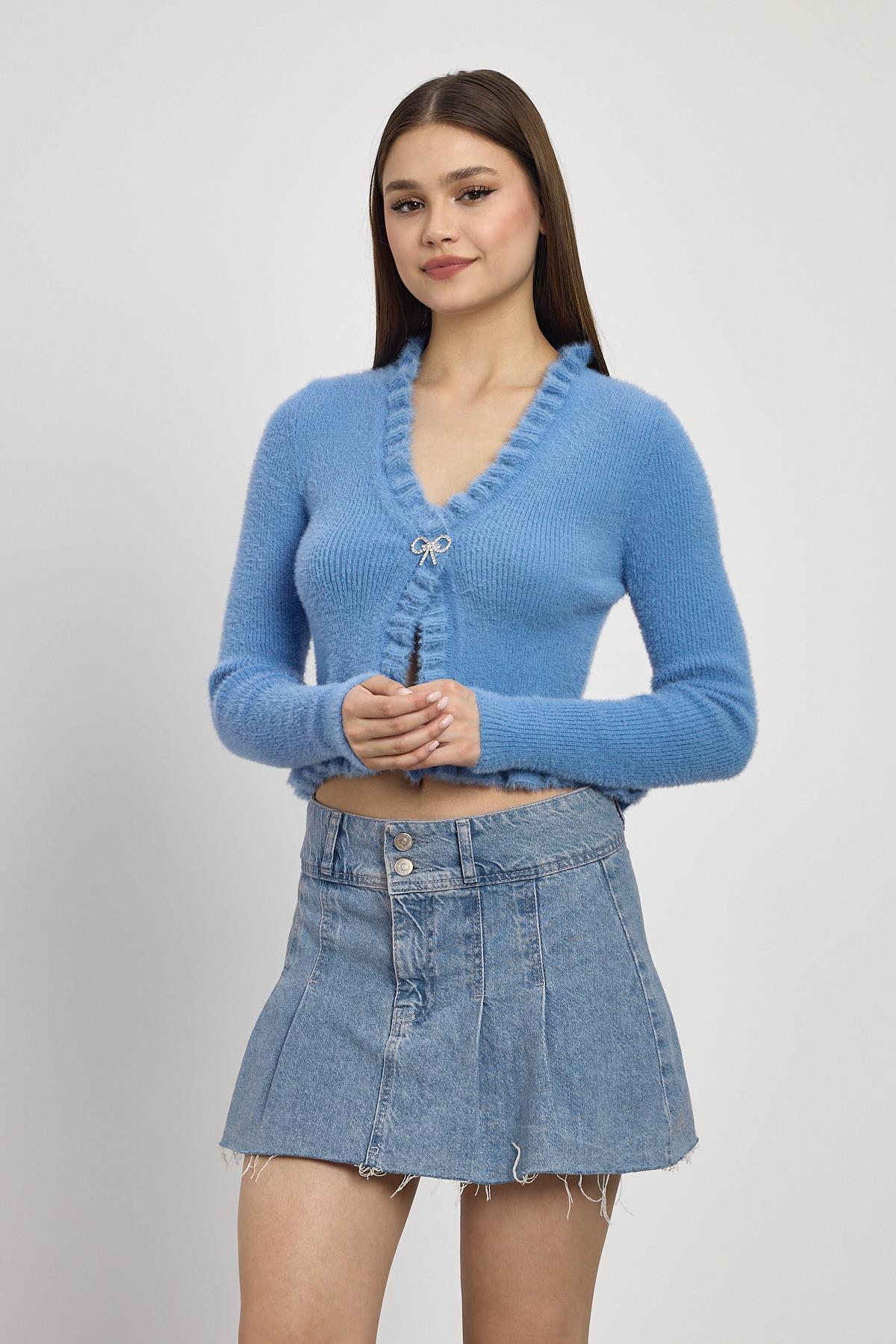 6801 Etek Fırfır Detay Kısa Hırka Mavi - RAYS