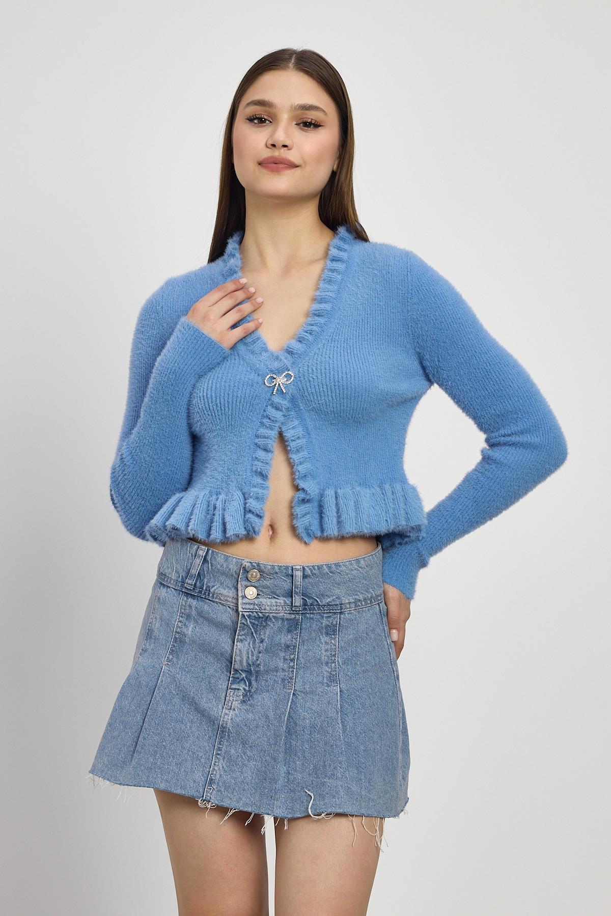 6801 Etek Fırfır Detay Kısa Hırka Mavi - 7