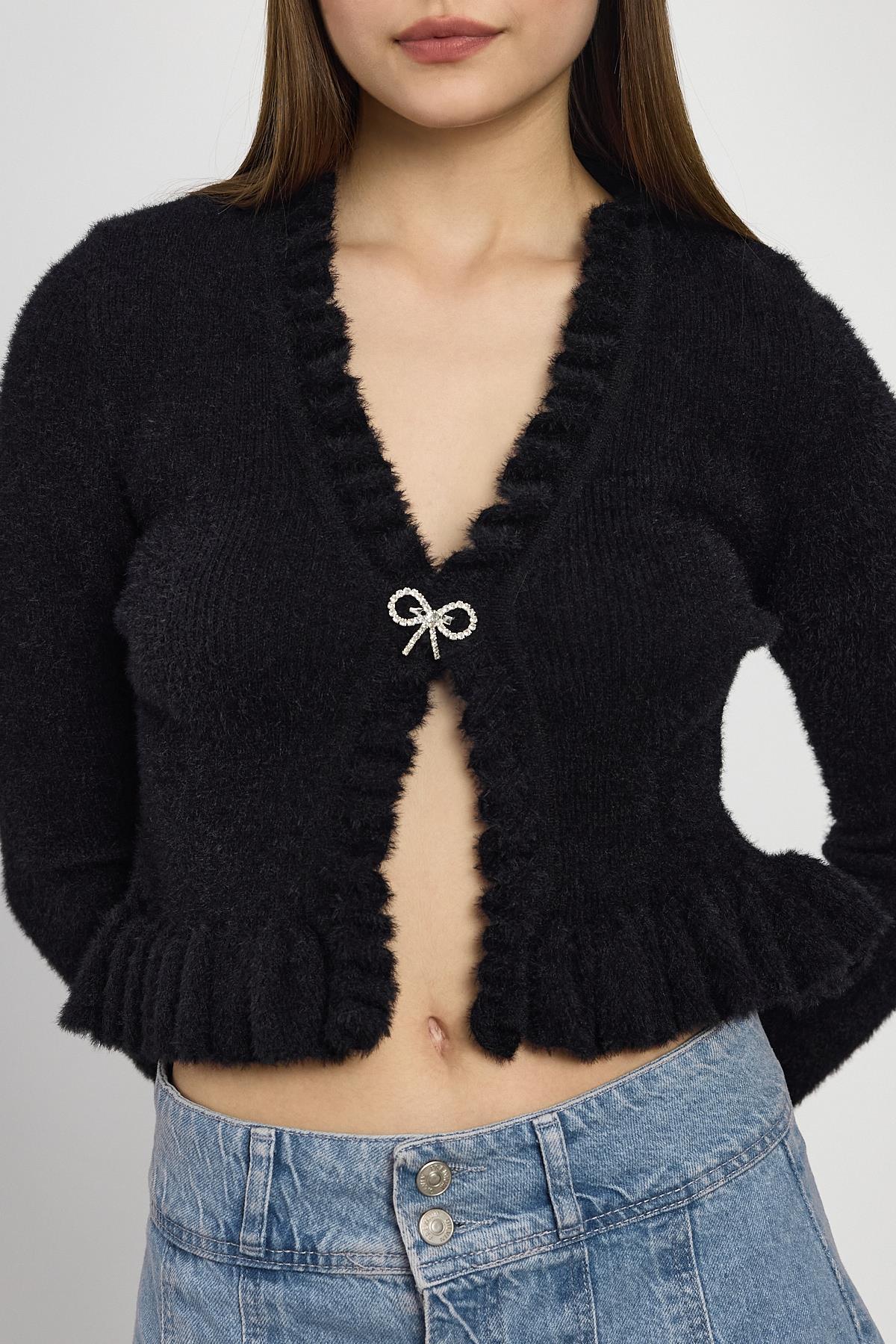 6801 Etek Fırfır Detay Kısa Hırka Siyah - 8