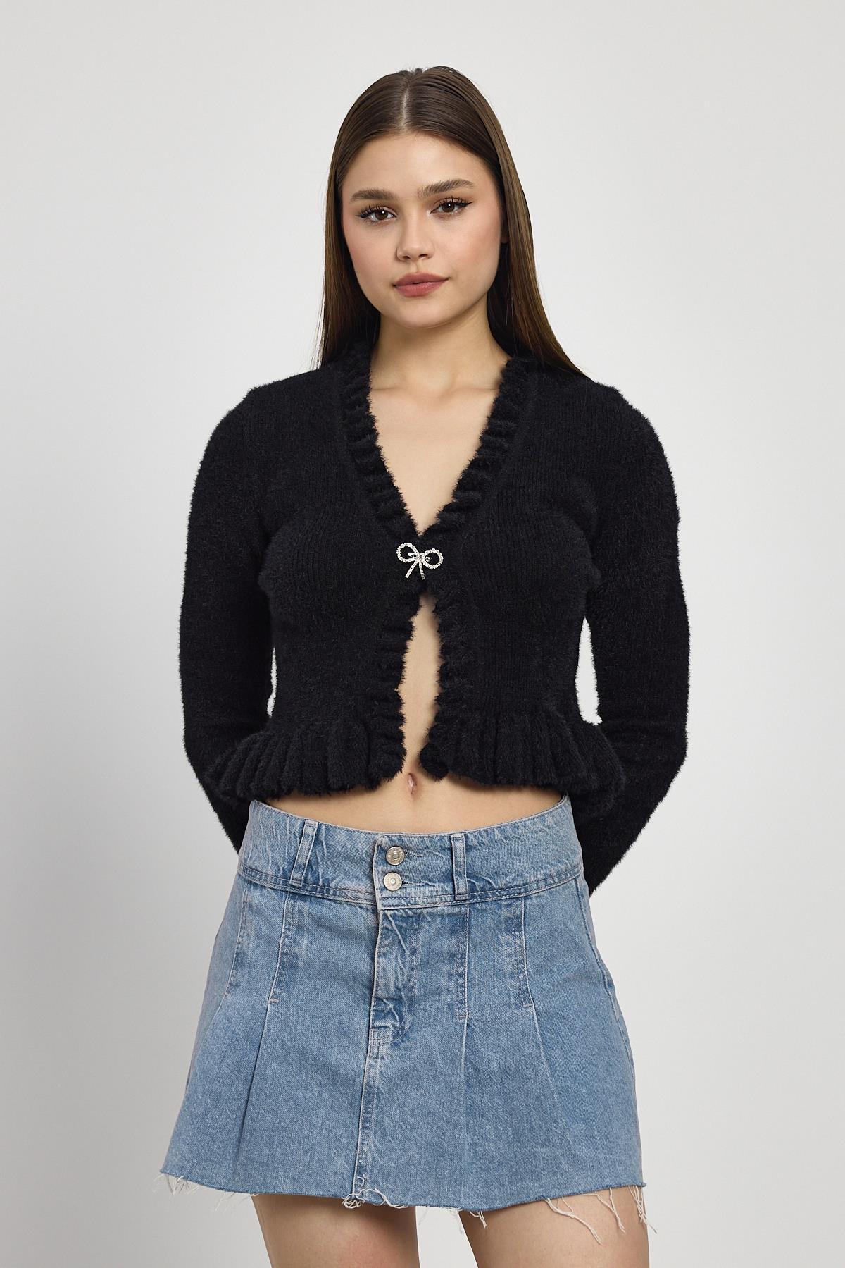 6801 Etek Fırfır Detay Kısa Hırka Siyah - 3