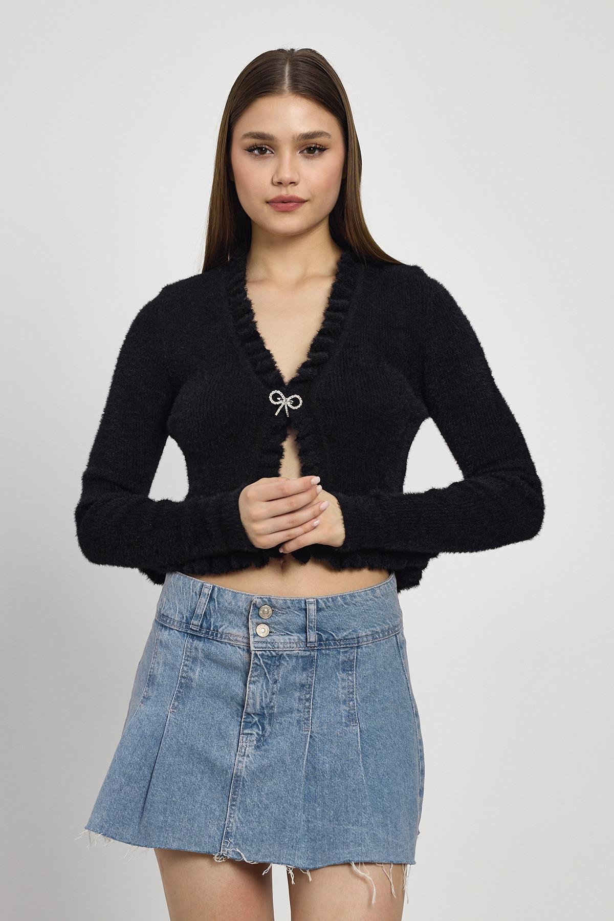 6801 Etek Fırfır Detay Kısa Hırka Siyah - 1