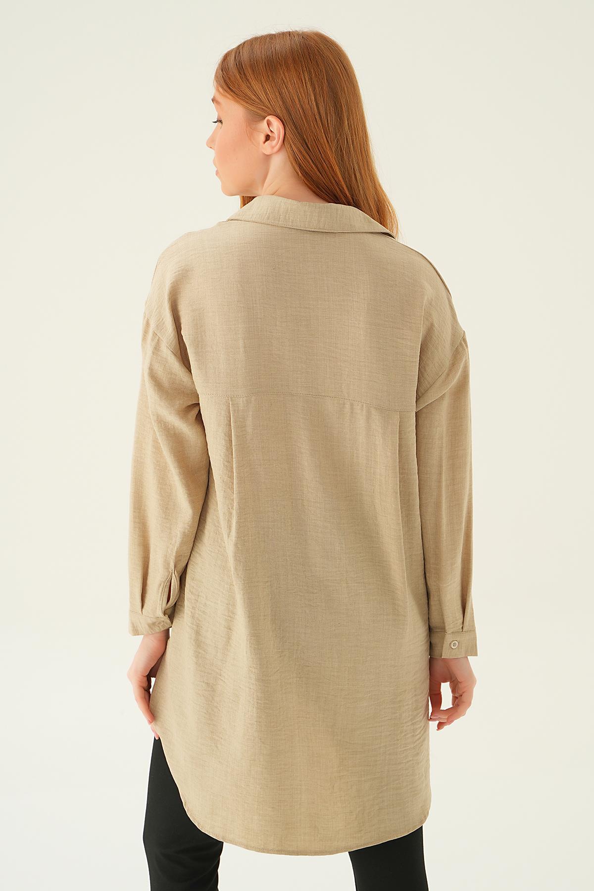 Bej Önü Düğmeli Gömlek 6803-1 - 4