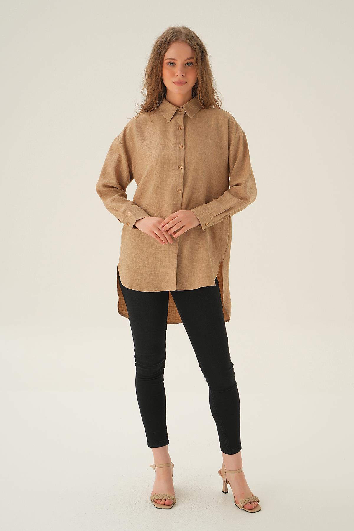 6803-1 Önü Düğmeli Gömlek Vizon - 6