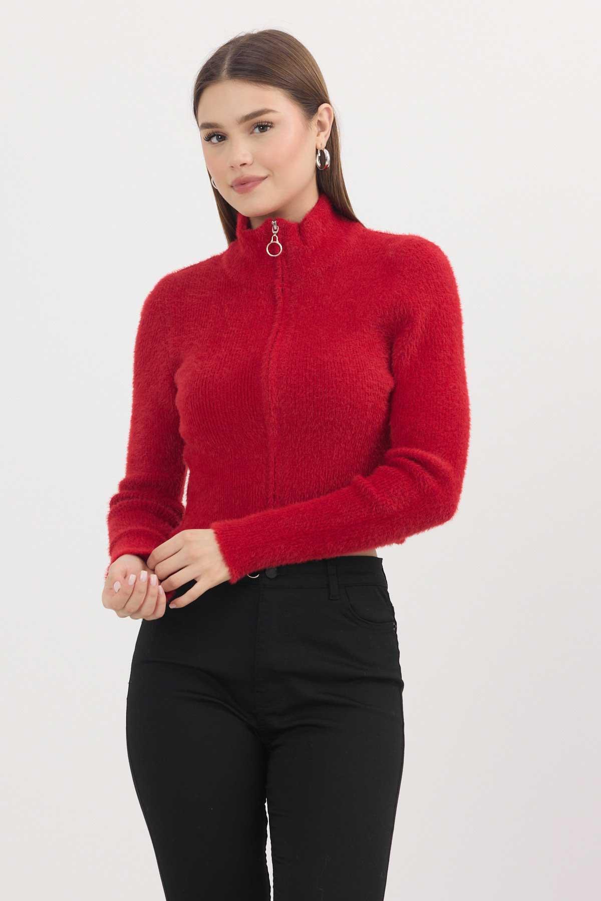 Kırmızı Fermuarlı Kısa Yumoş Hırka 6806 