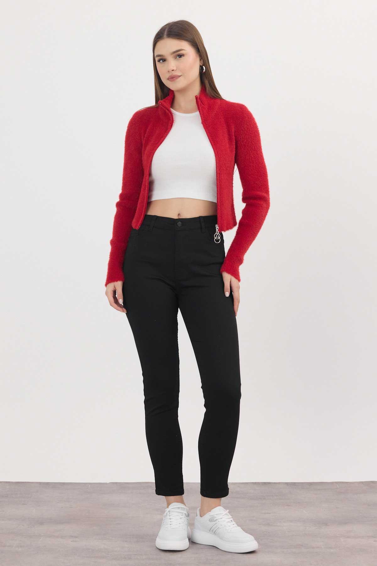 Kırmızı Fermuarlı Kısa Yumoş Hırka 6806 - 2