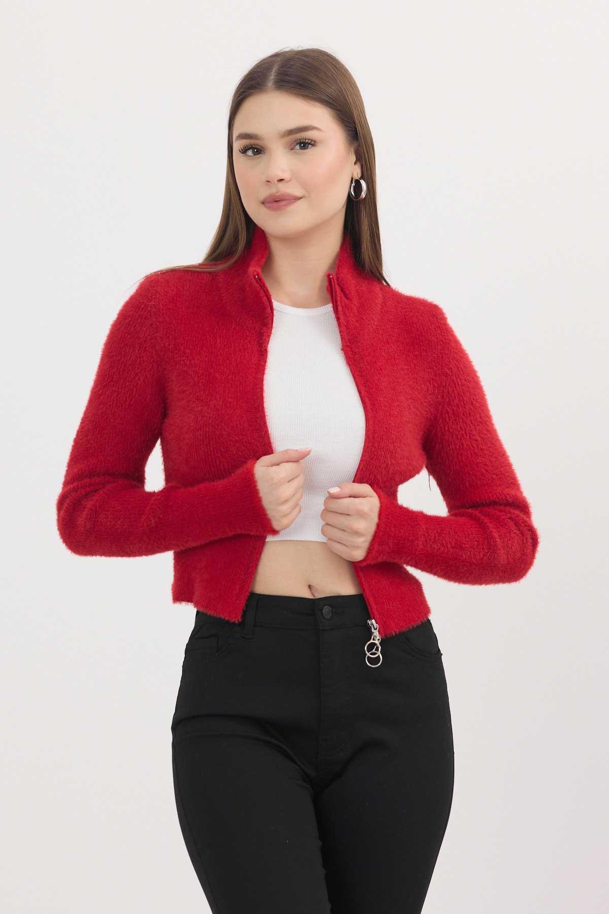 Kırmızı Fermuarlı Kısa Yumoş Hırka 6806 - 3