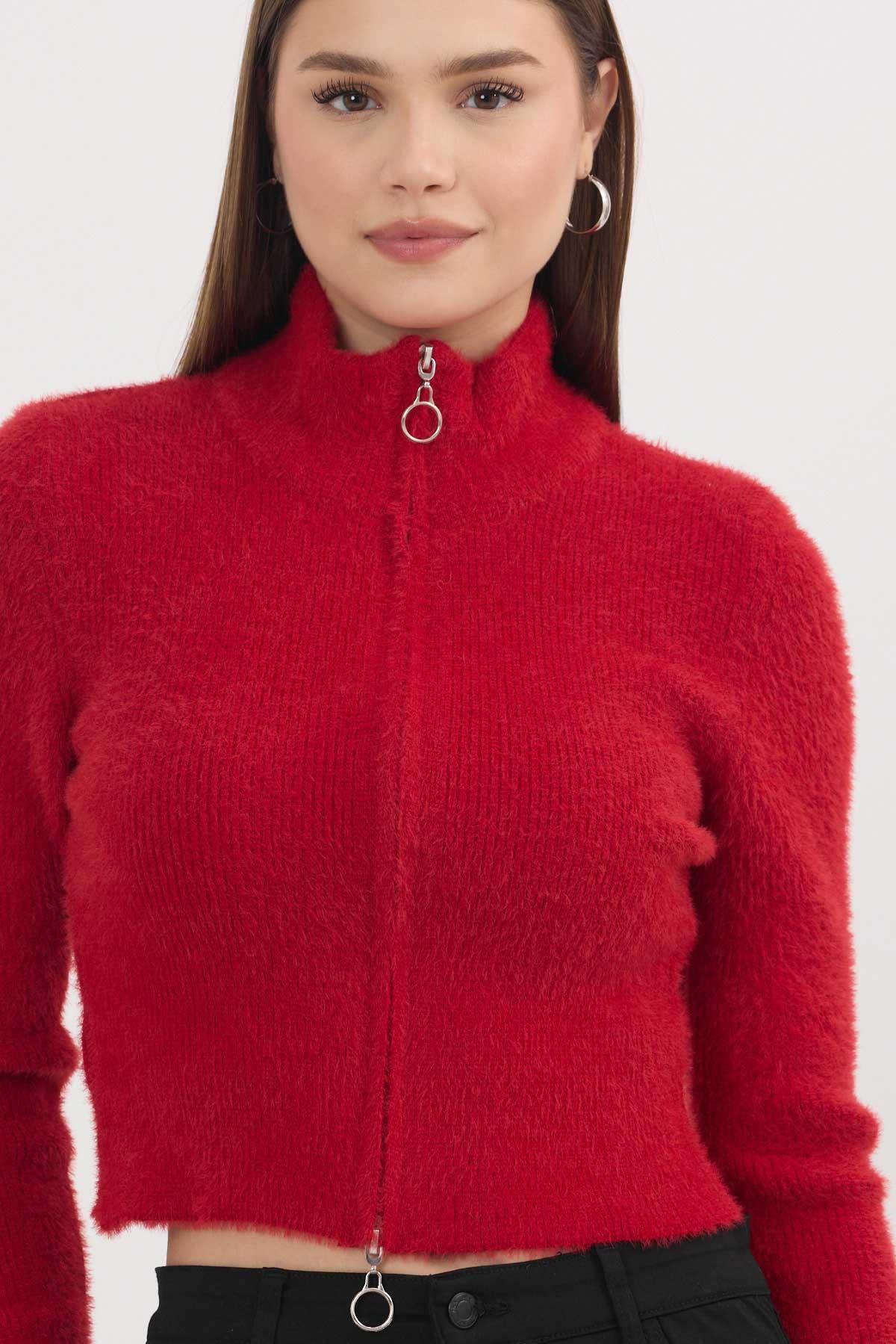 Kırmızı Fermuarlı Kısa Yumoş Hırka 6806 - 4