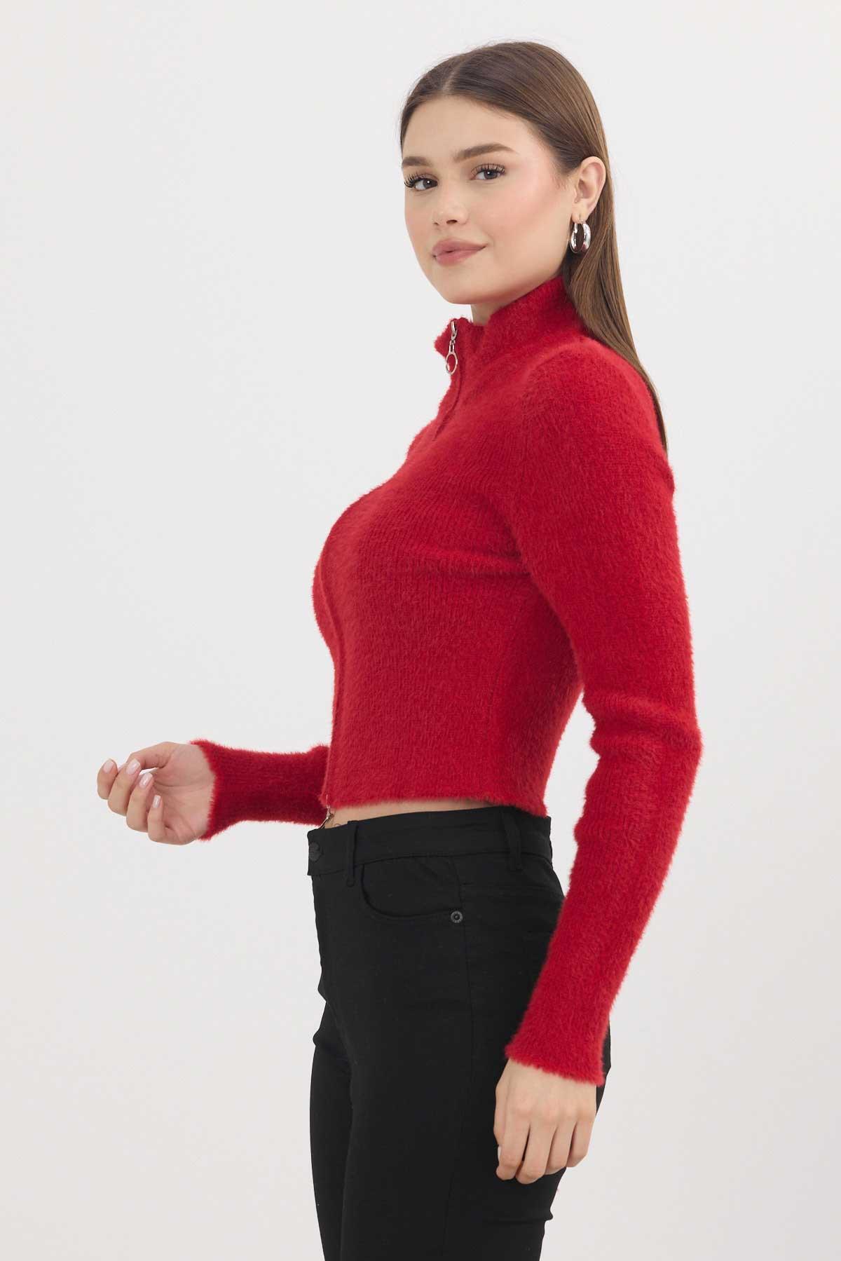 Kırmızı Fermuarlı Kısa Yumoş Hırka 6806 - 6