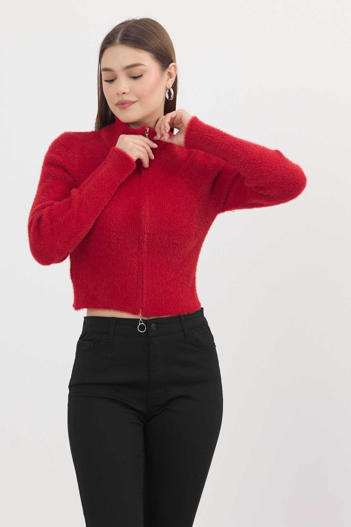 Kırmızı Fermuarlı Kısa Yumoş Hırka 6806 - 8