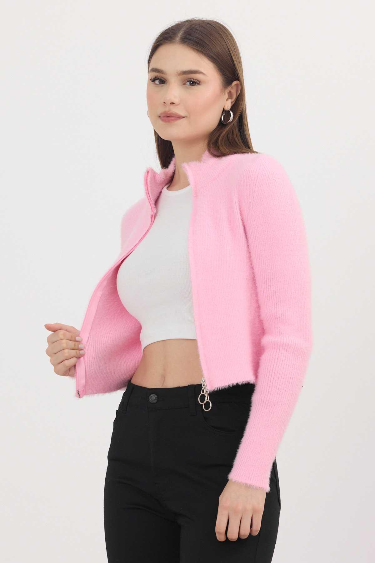 Pembe Fermuarlı Kısa Yumoş Hırka 6806 - 7