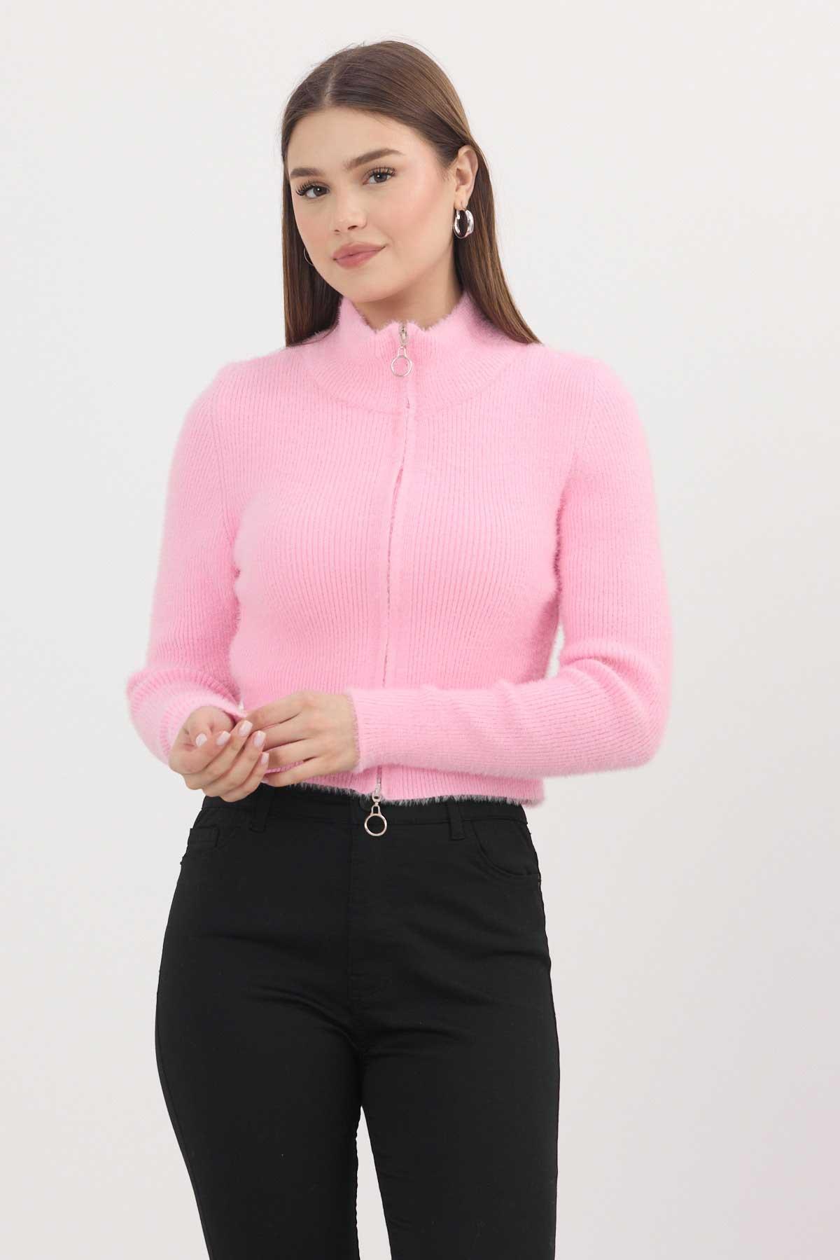 Fermuarlı Kısa Yumoş Hırka 6806 Pembe - RAYS