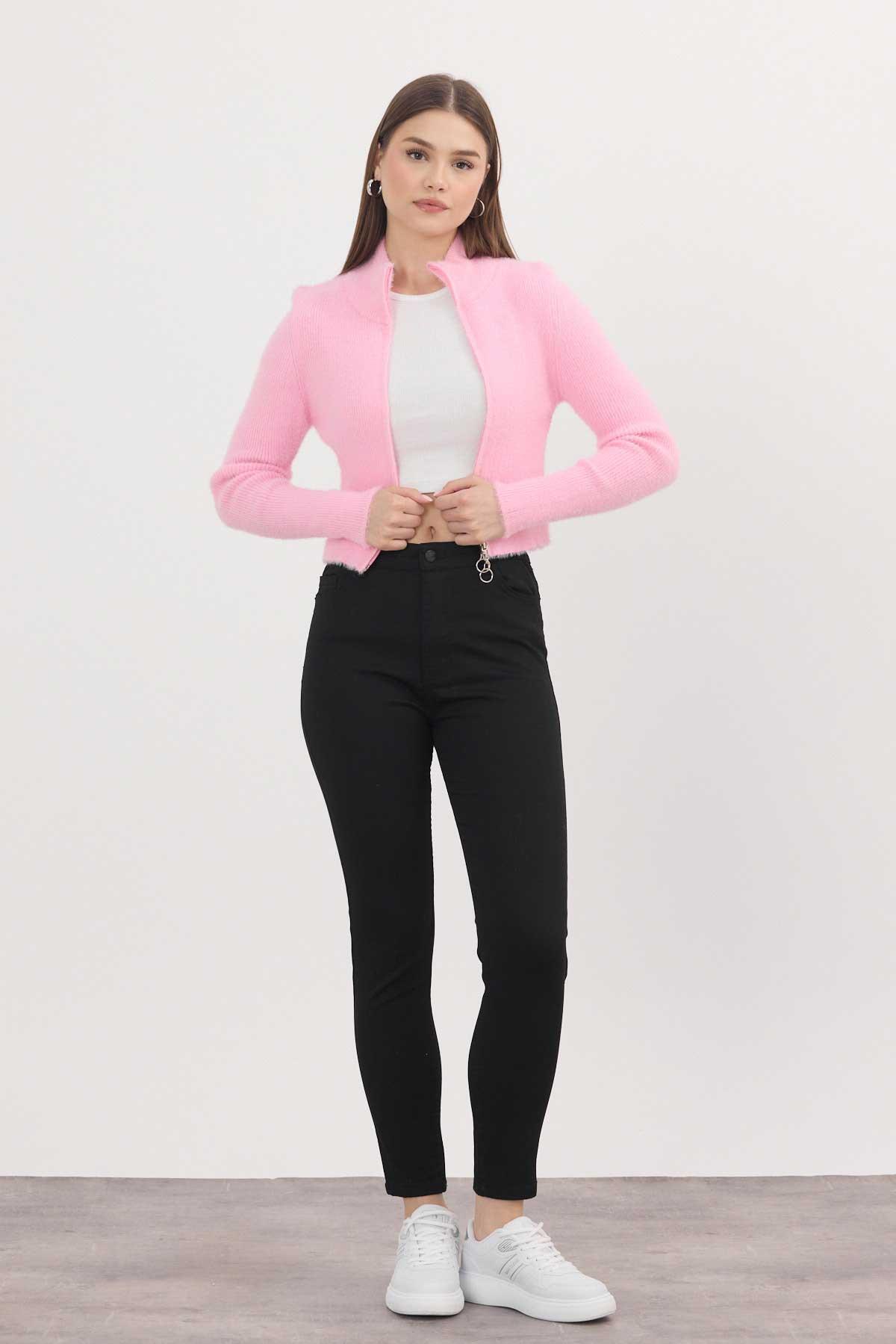 Fermuarlı Kısa Yumoş Hırka 6806 Pembe - RAYS