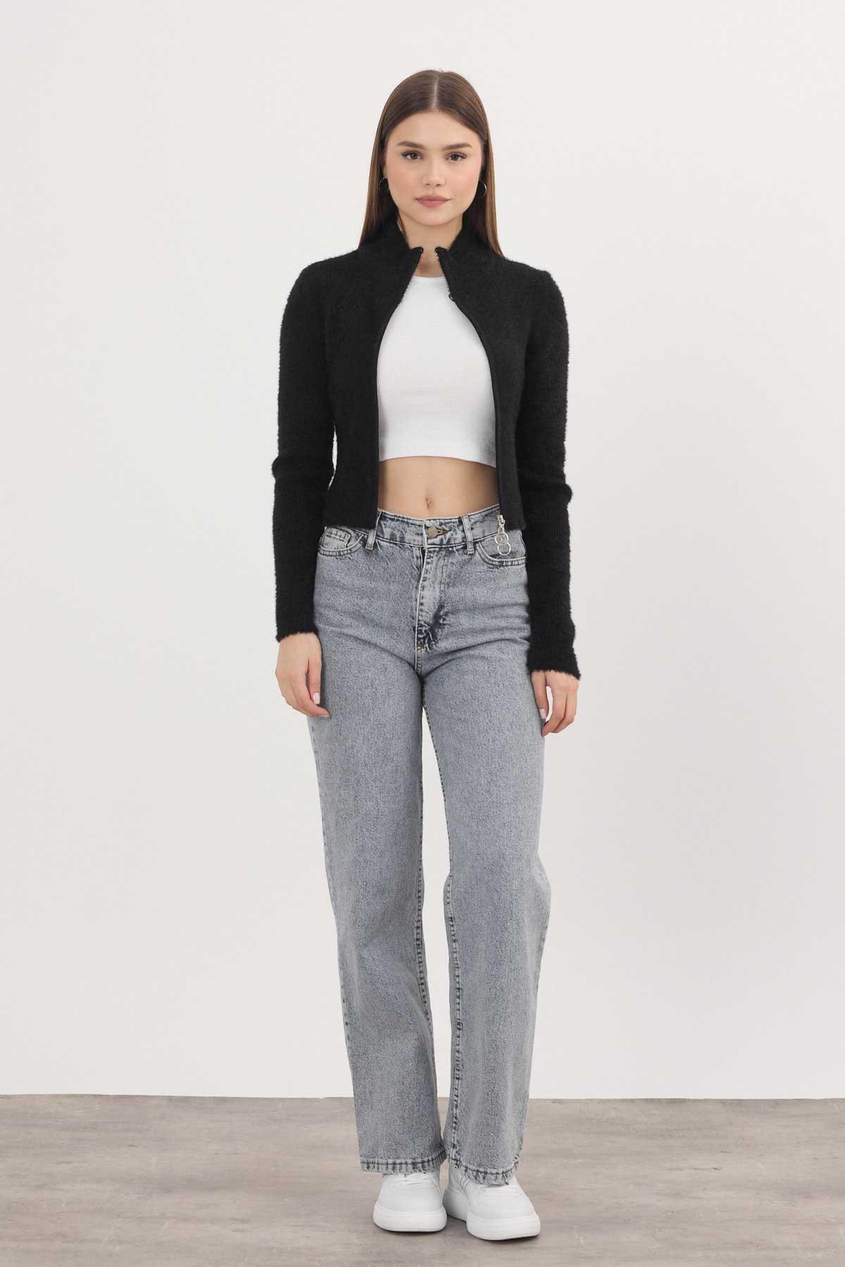 6806 Fermuarlı Kısa Yumoş Hırka Siyah - 2