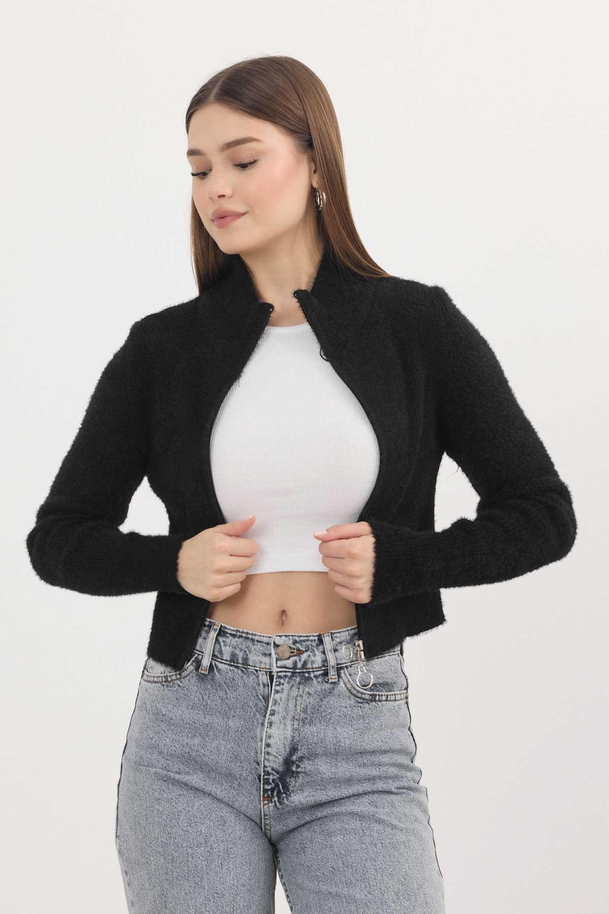 6806 Fermuarlı Kısa Yumoş Hırka Siyah - RAYS