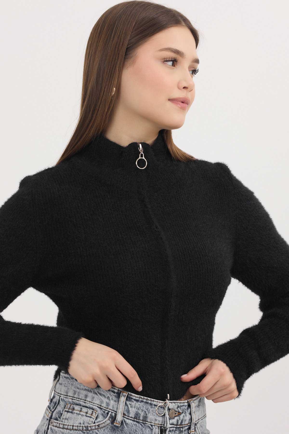 6806 Fermuarlı Kısa Yumoş Hırka Siyah - RAYS