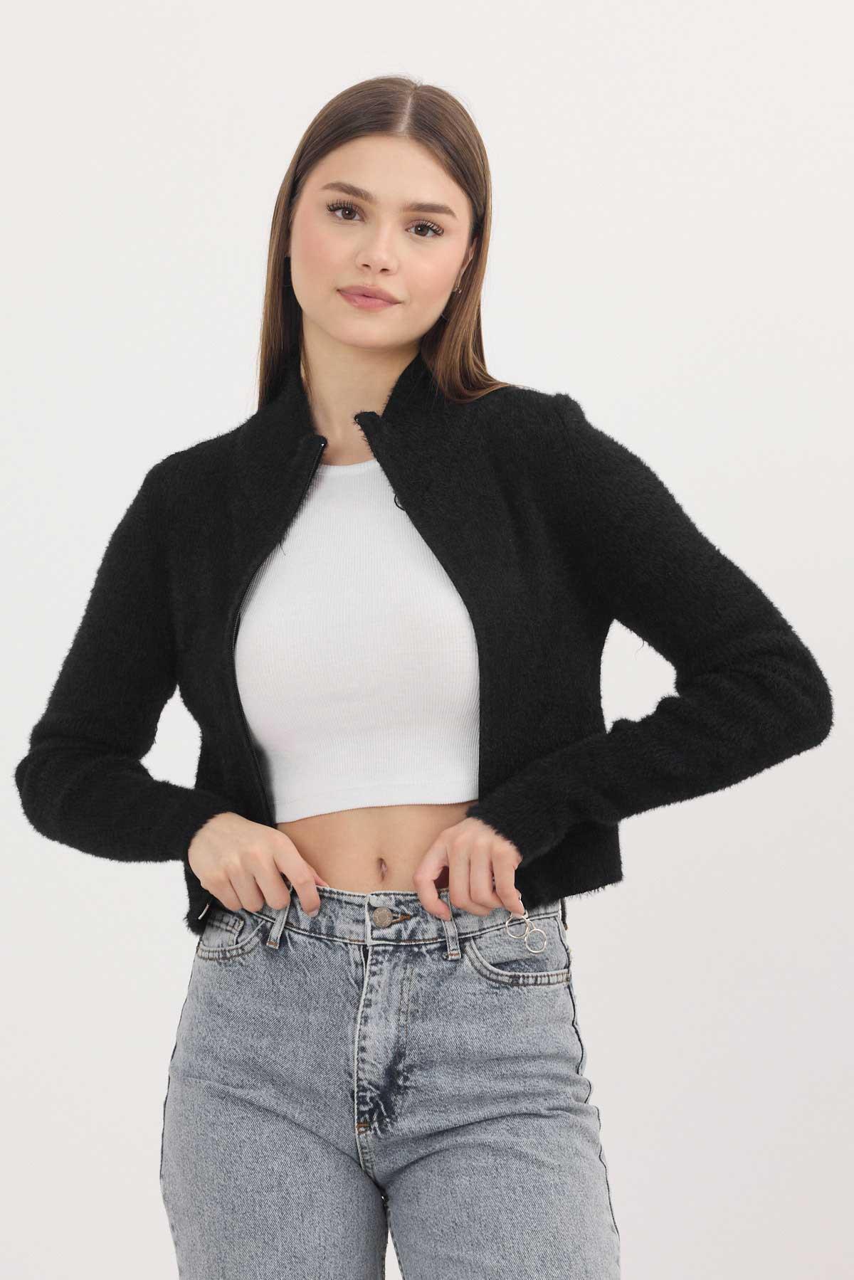 6806 Fermuarlı Kısa Yumoş Hırka Siyah - 8