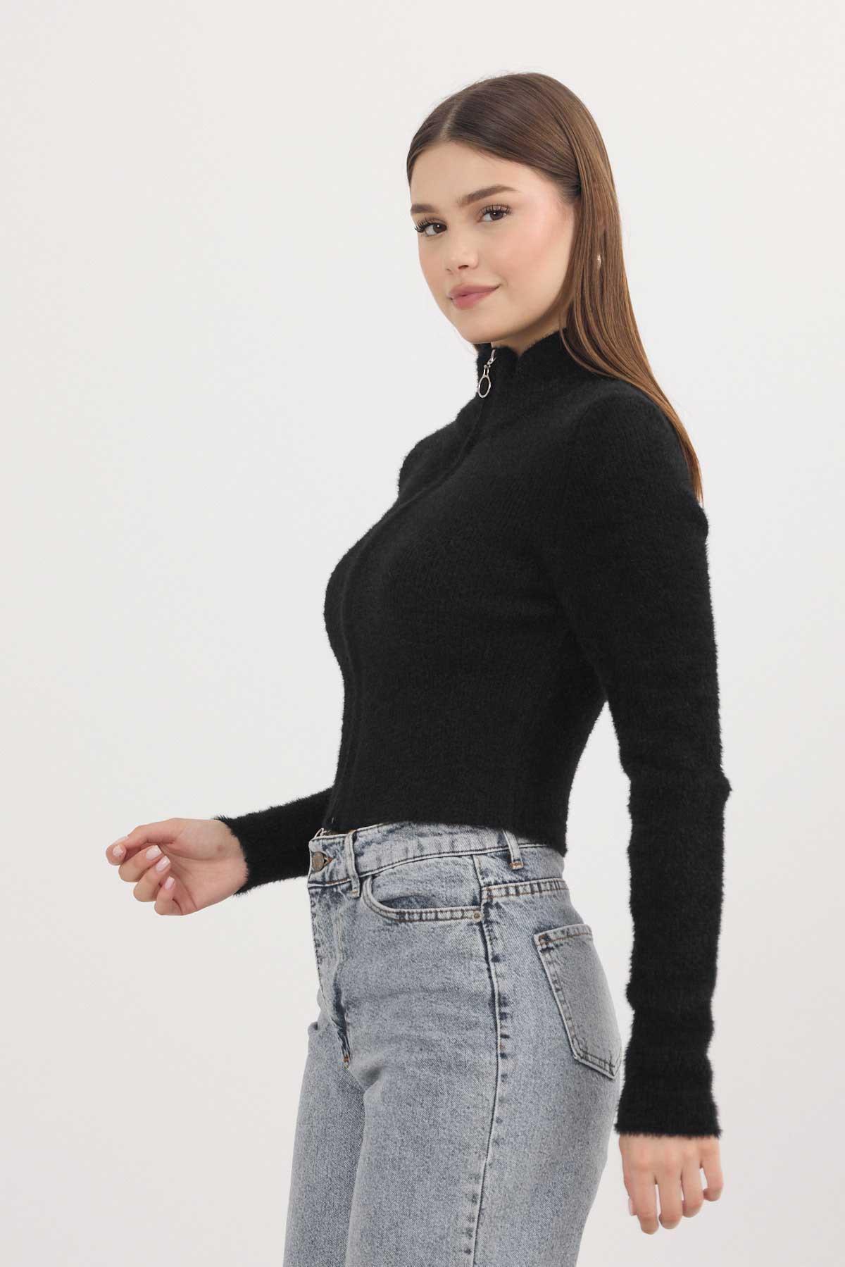 6806 Fermuarlı Kısa Yumoş Hırka Siyah - 6