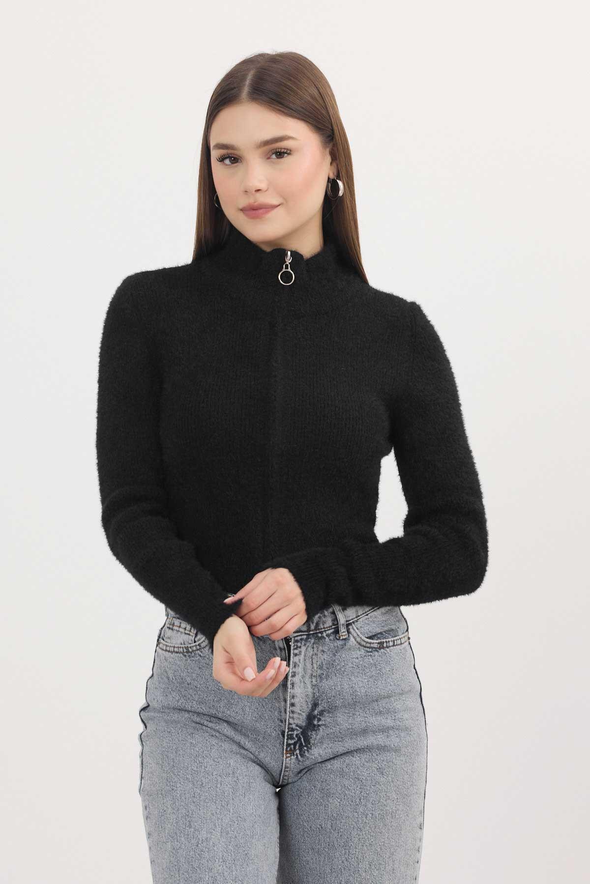 6806 Fermuarlı Kısa Yumoş Hırka Siyah - 7