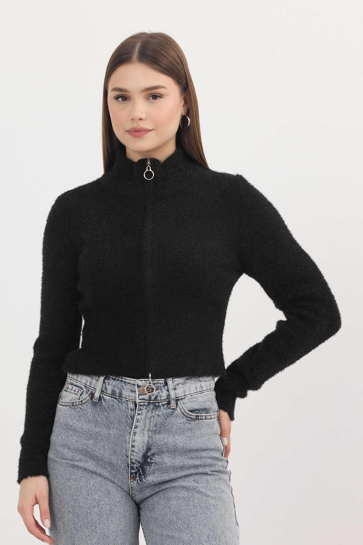 Siyah Fermuarlı Kısa Yumoş Hırka 6806 