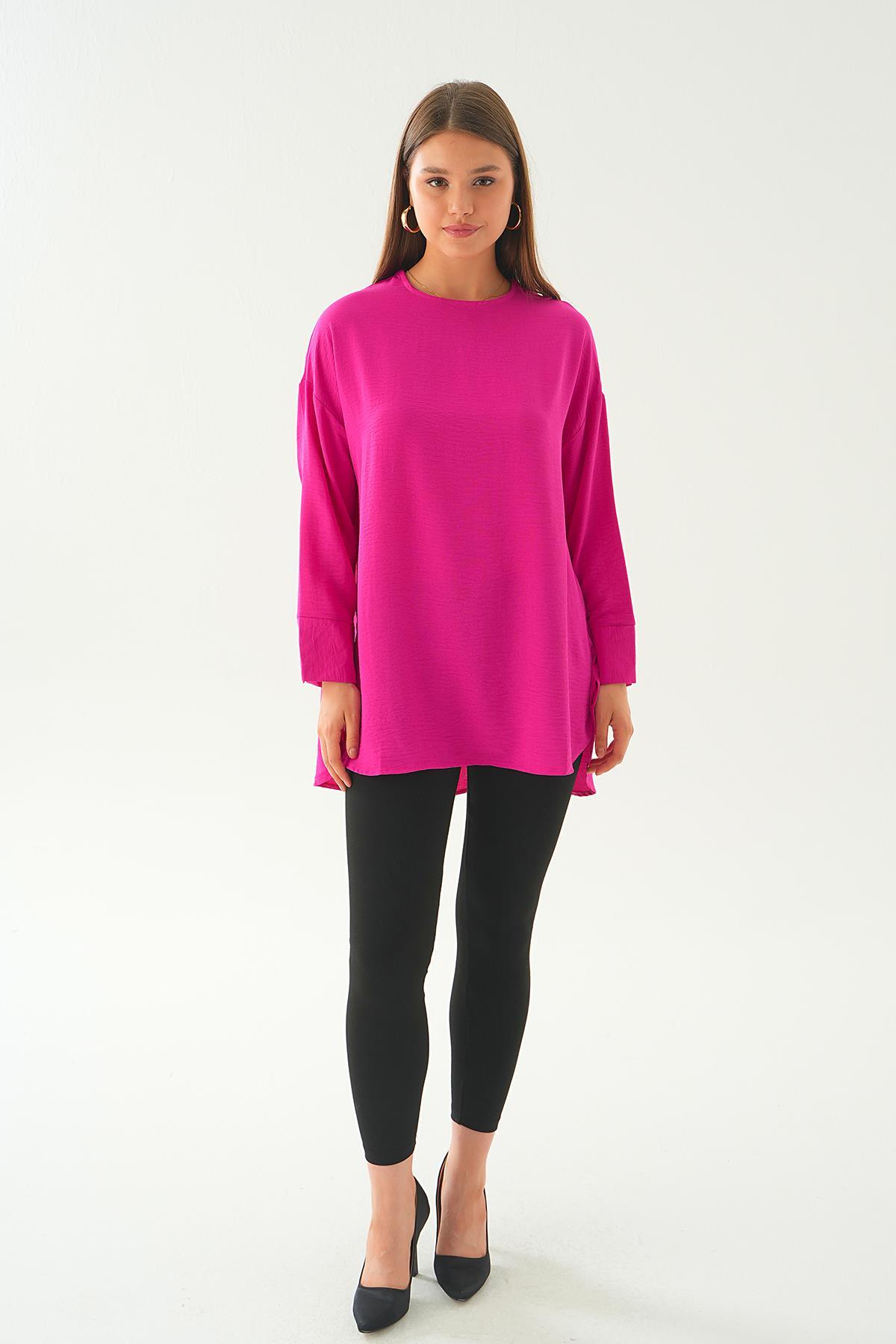 6808A Bisiklet Yaka Tunik Fuşya - 6