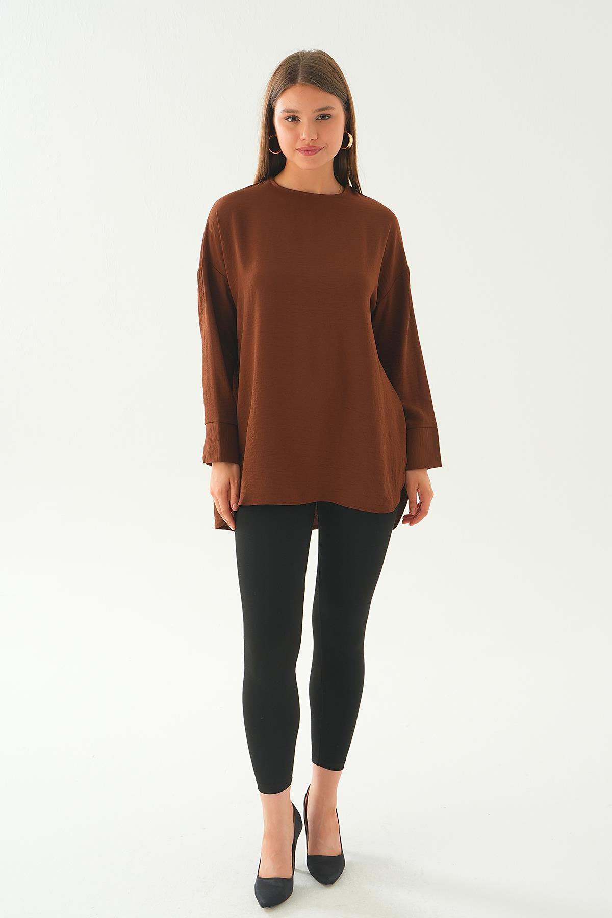 6808A Bisiklet Yaka Tunik Kahve - 6