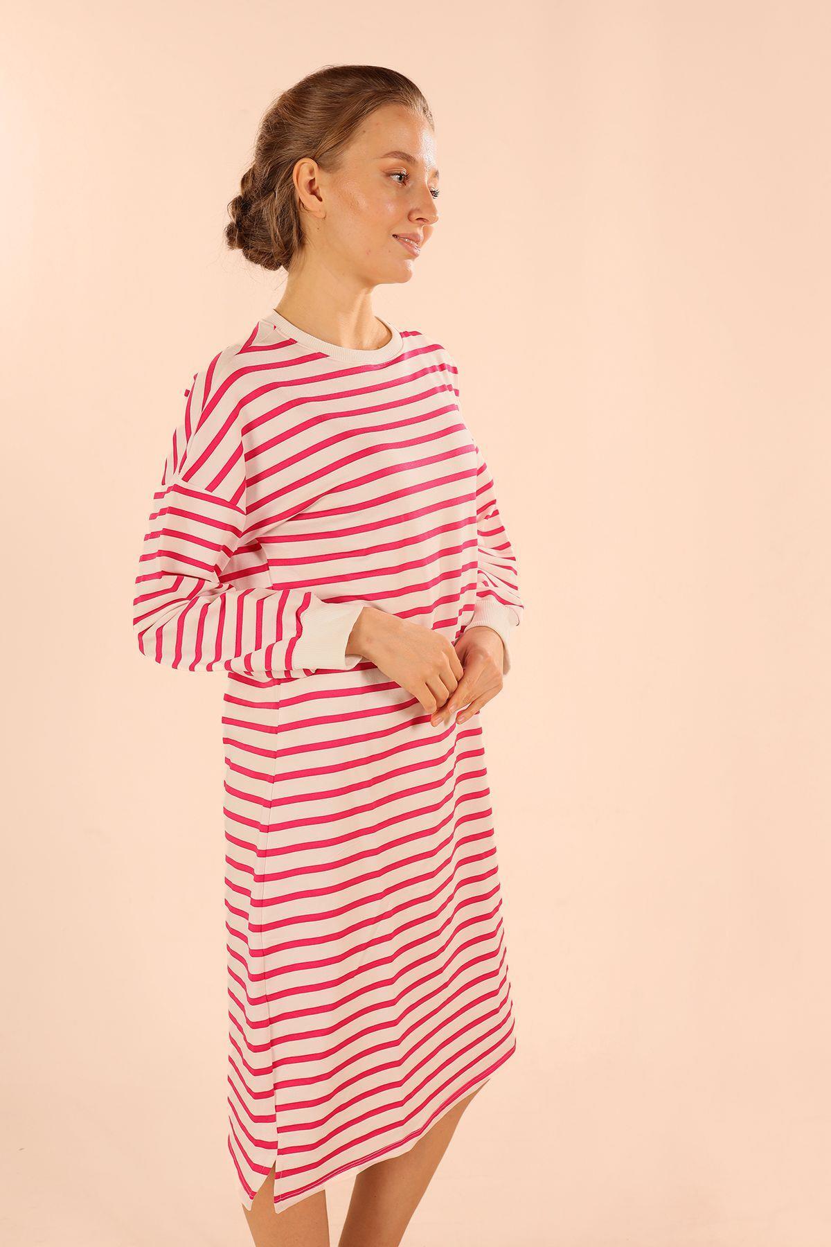 6810 Çizgili Uzun Sweat Fuşya - 3