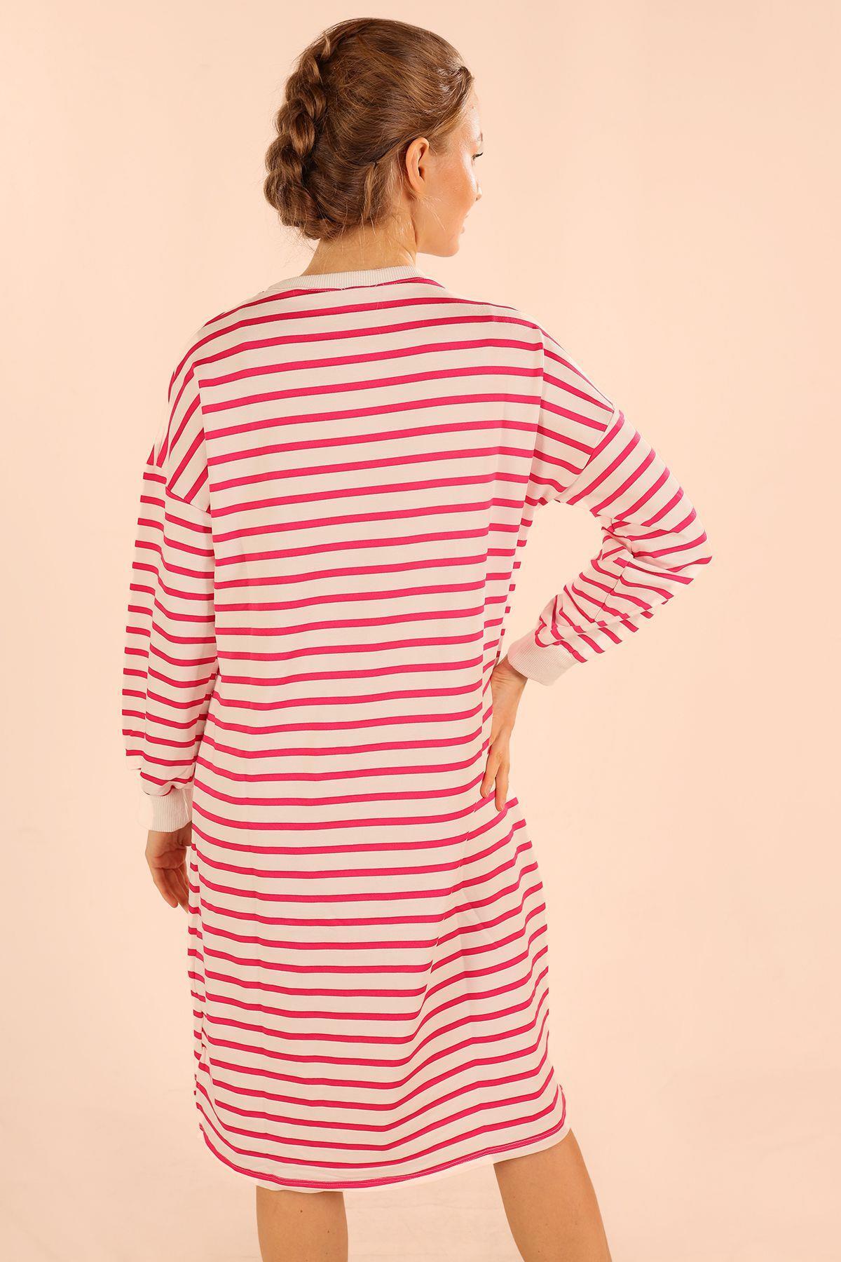 6810 Çizgili Uzun Sweat Fuşya - 4