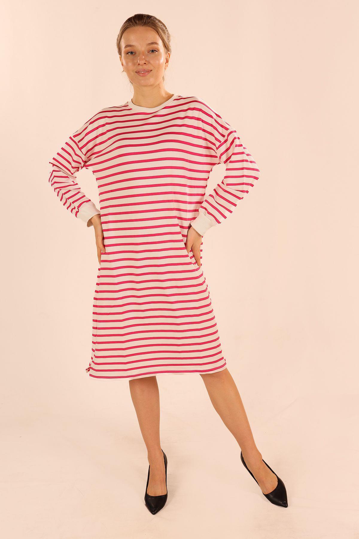 6810 Çizgili Uzun Sweat Fuşya - 5