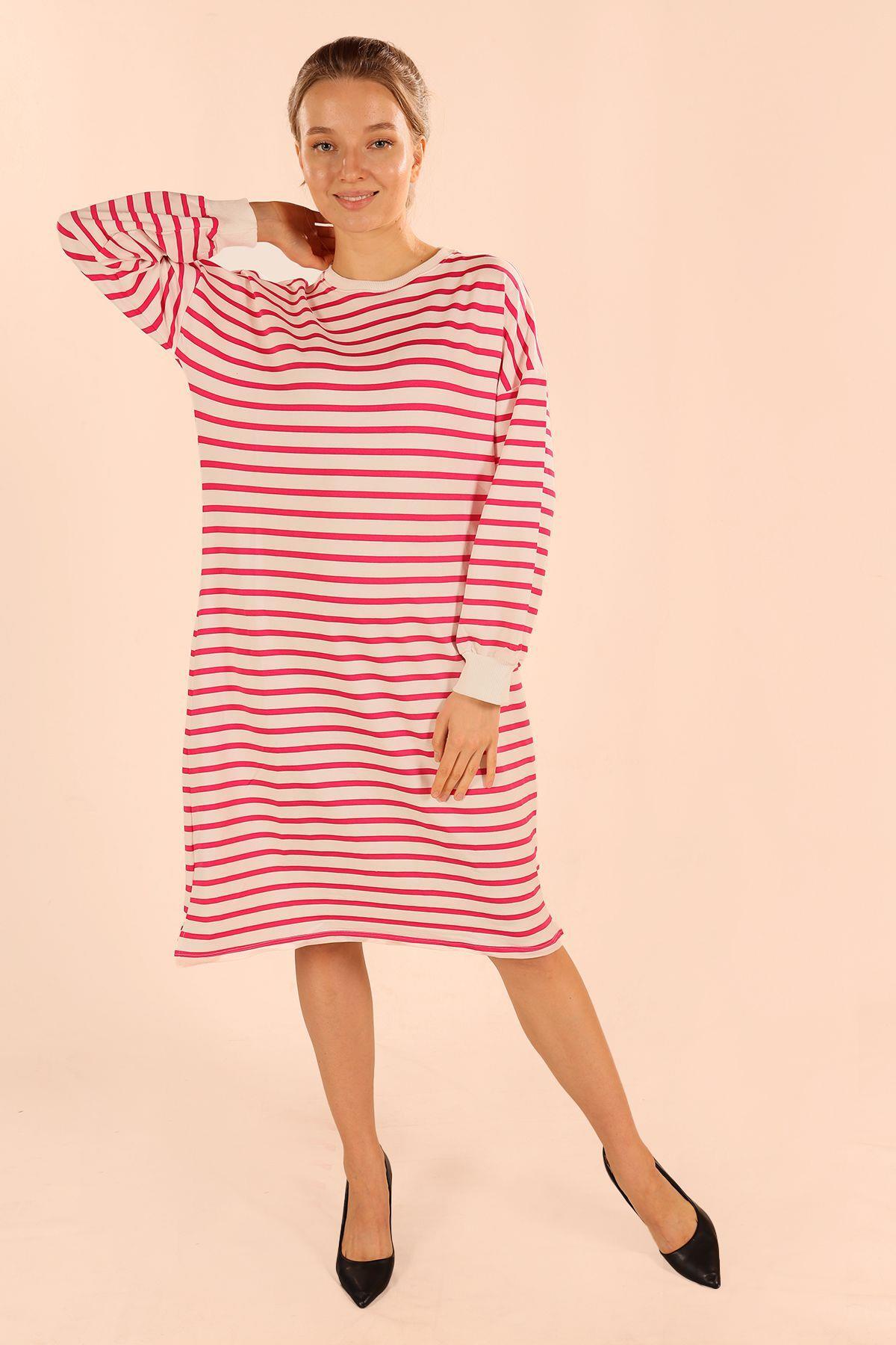 6810 Çizgili Uzun Sweat Fuşya - 6