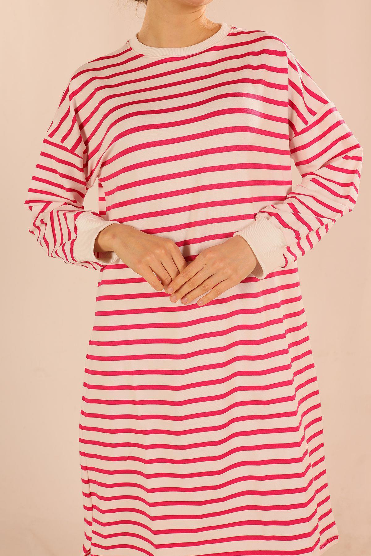Fuşya Çizgili Uzun Sweat 6810 - 7