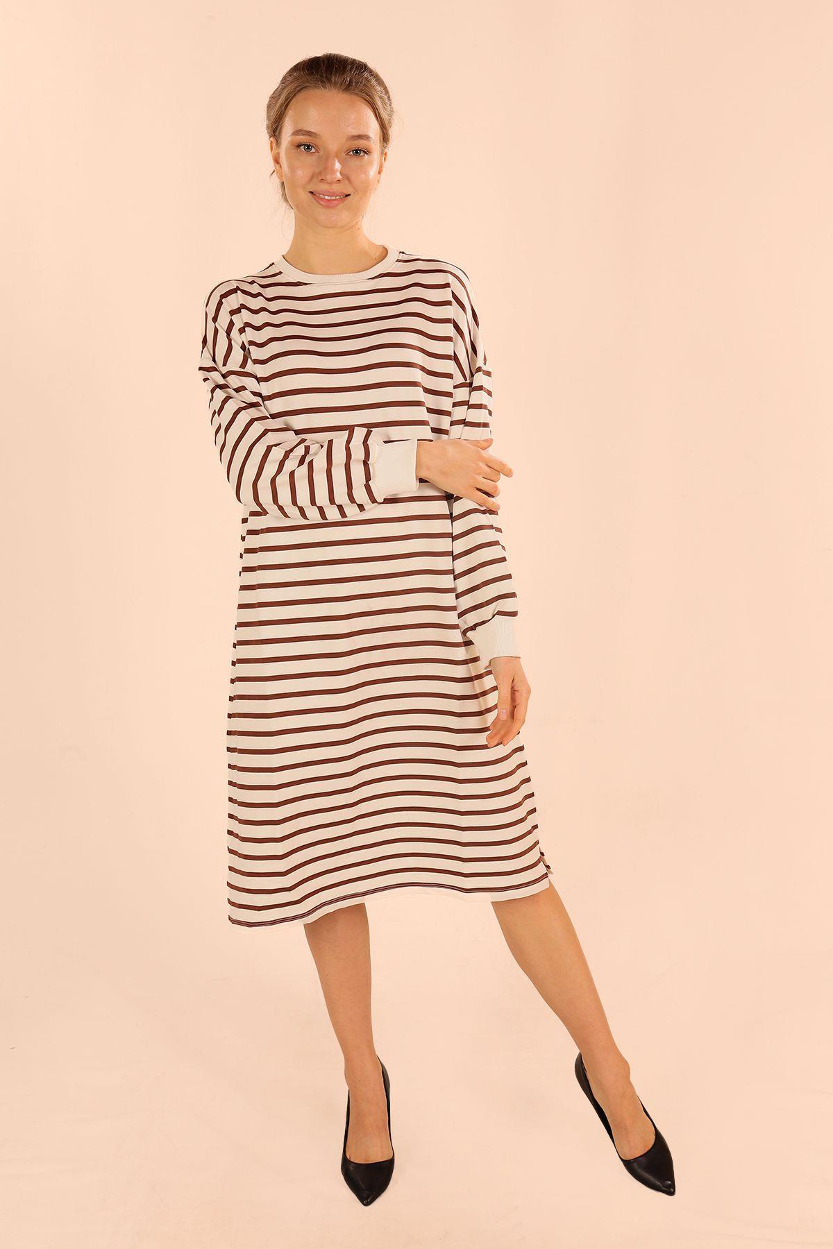 6810 Çizgili Uzun Sweat Kahve - 2