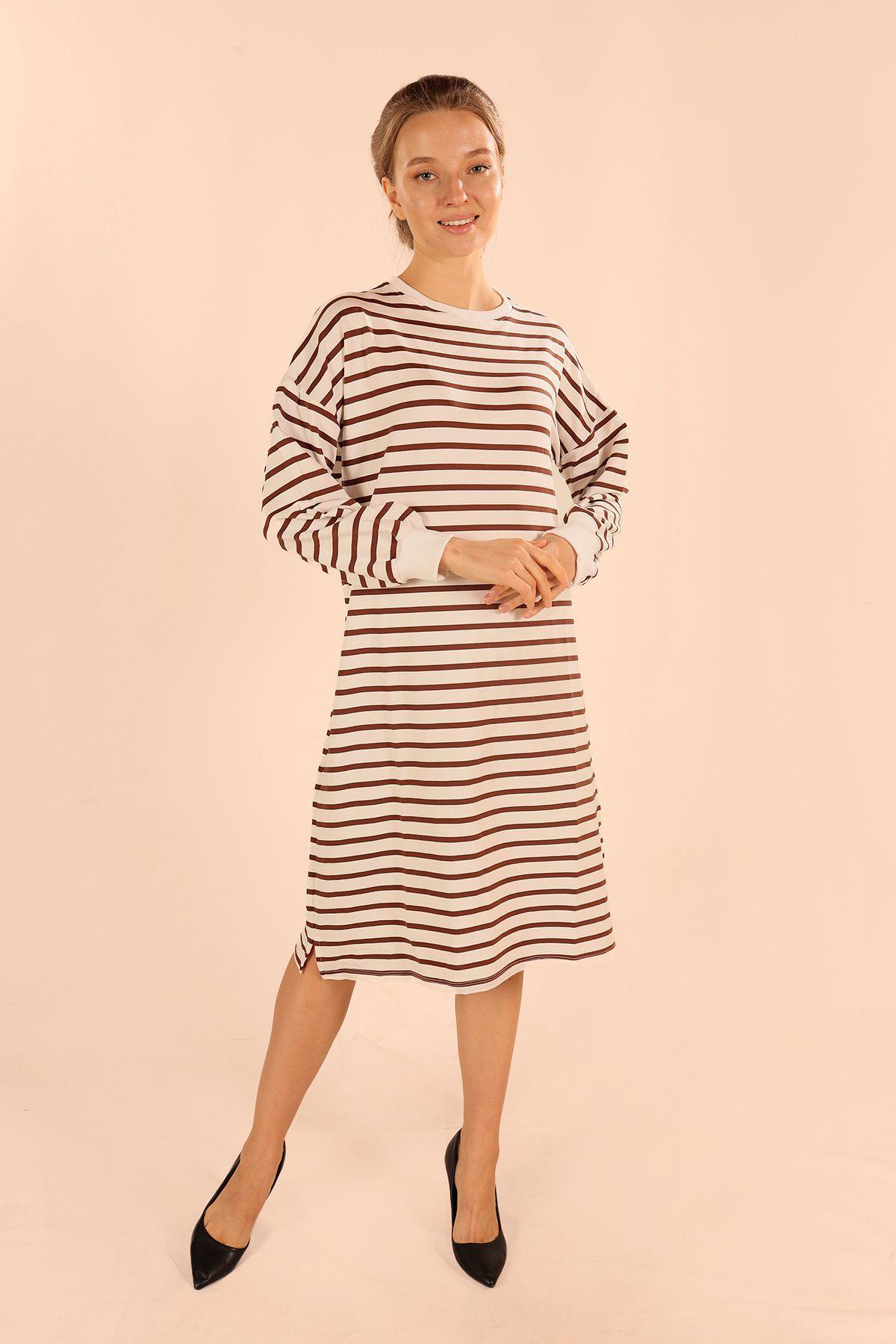 6810 Çizgili Uzun Sweat Kahve - 3