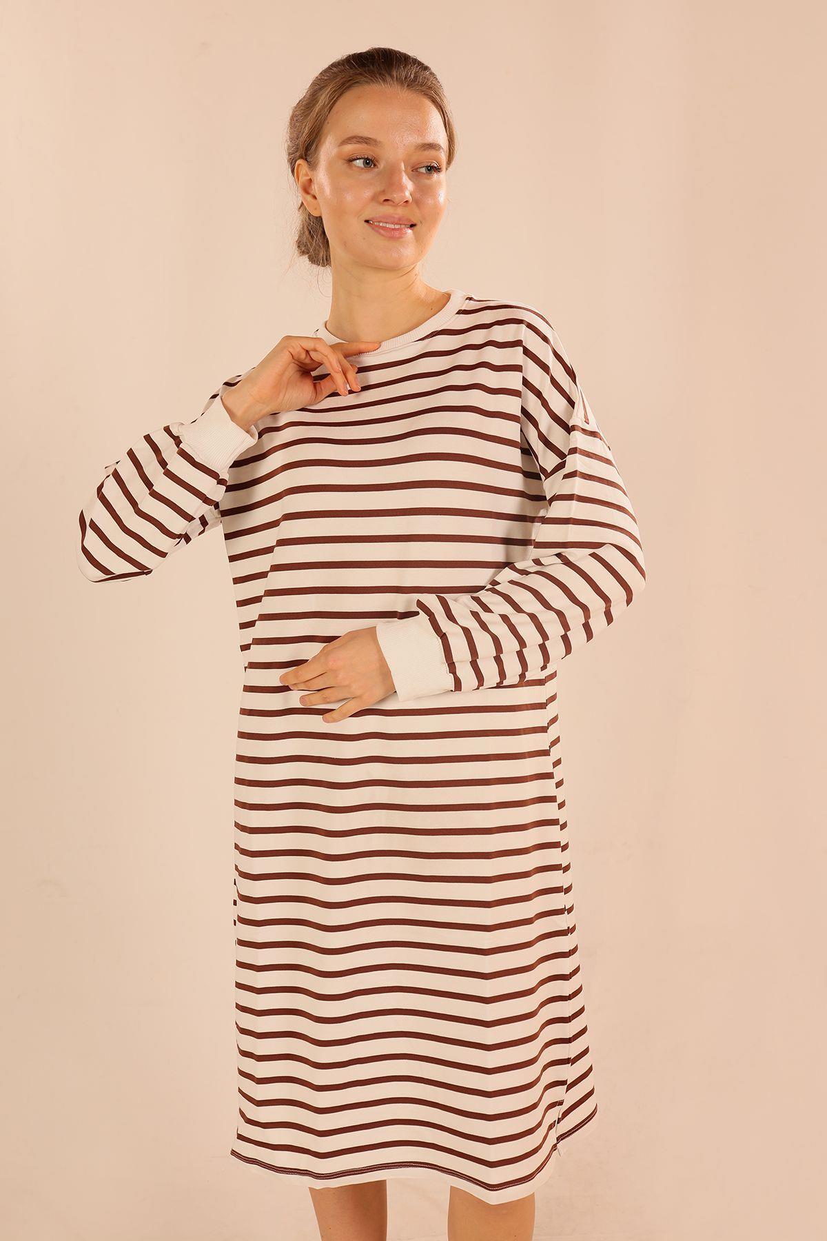 6810 Çizgili Uzun Sweat Kahve - 4