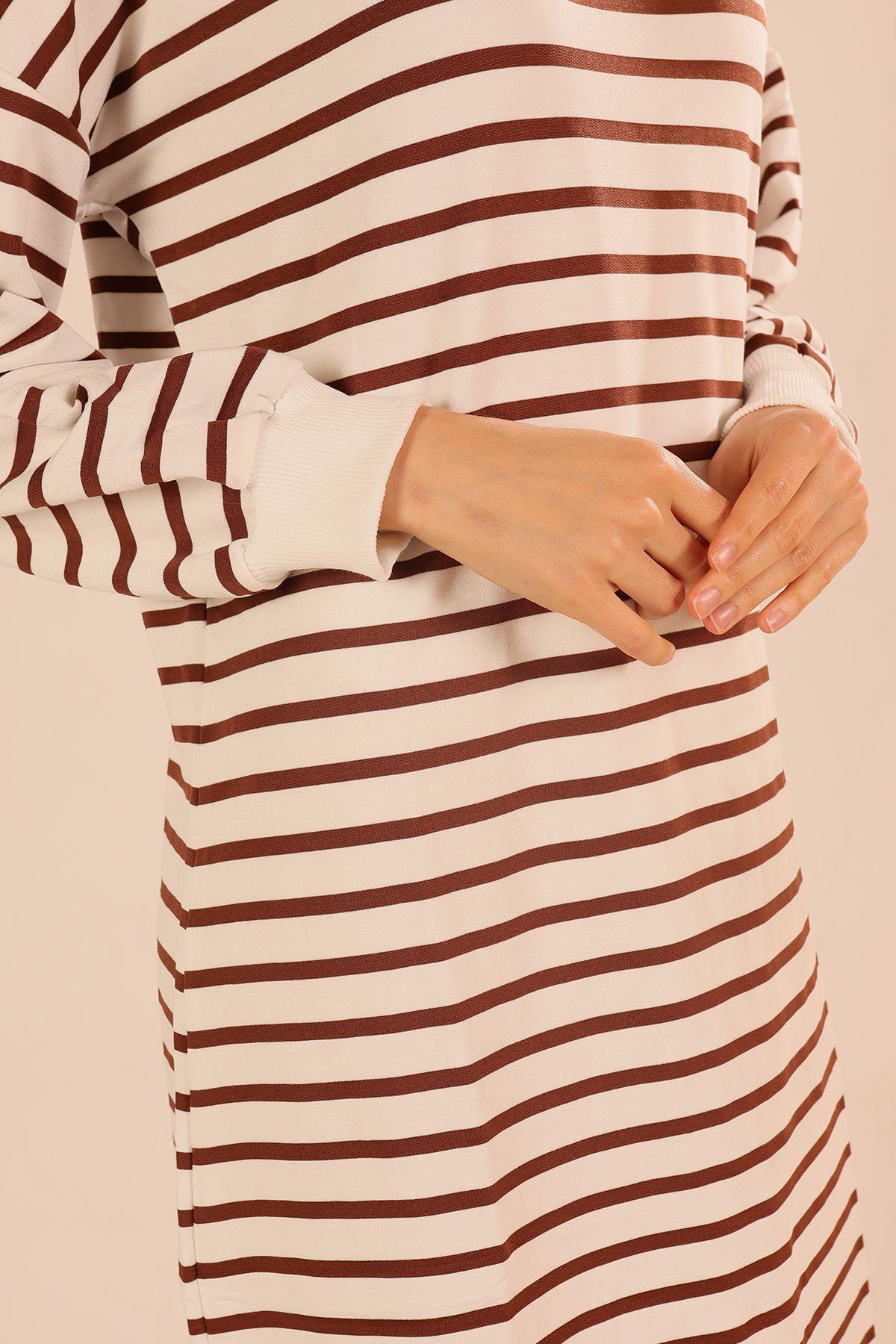 6810 Çizgili Uzun Sweat Kahve - 5